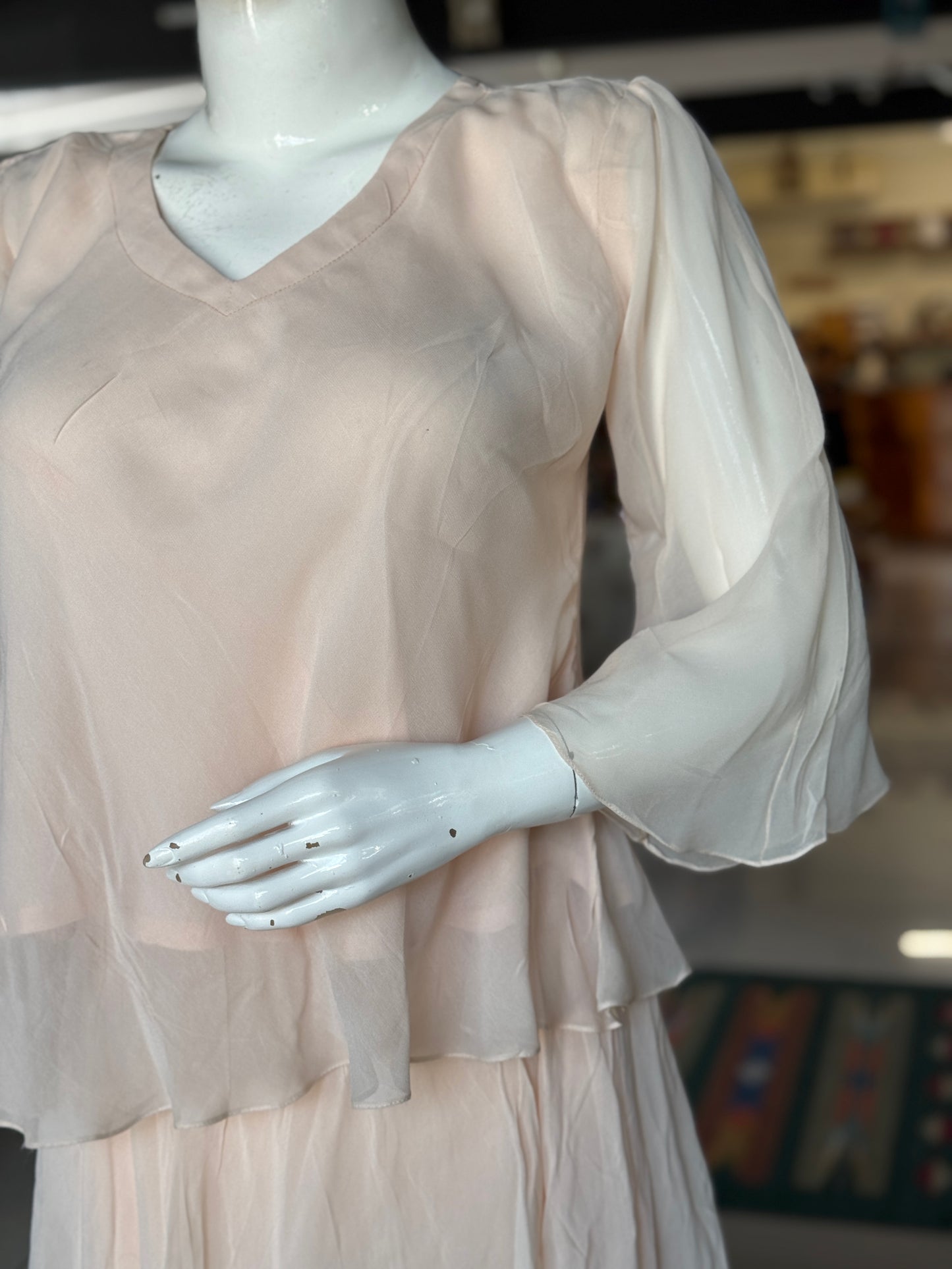 Peach soft georgette umbrella asymmetrical hem top and skirt - 2 piece set
