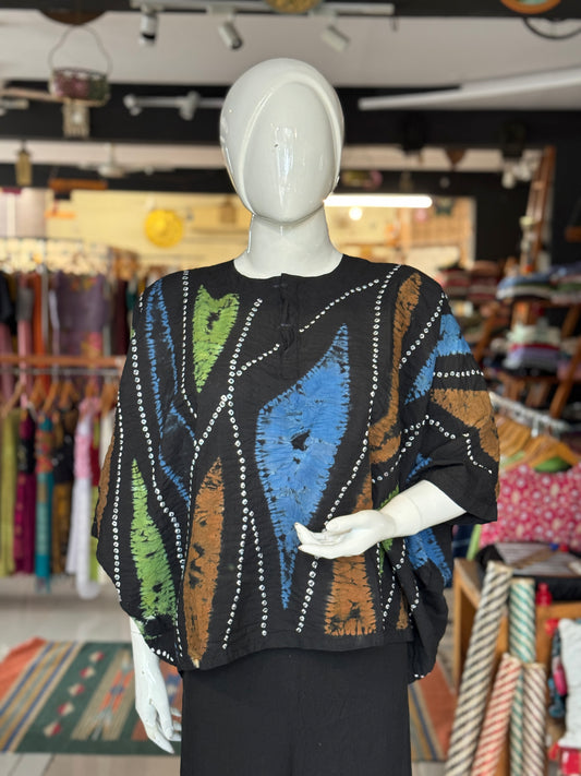 Black cotton free size top with hand tie n dye placement bandini- batwing sleeves