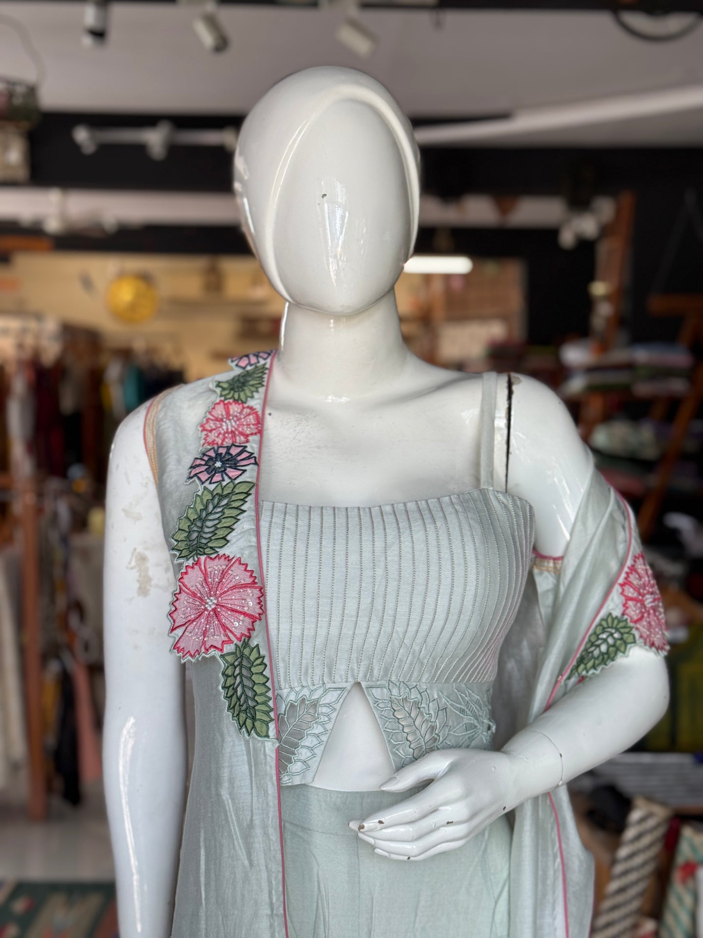 Pastel tone silk cotton cut work embroidered cape, bustier and loose pants - 3 piece set