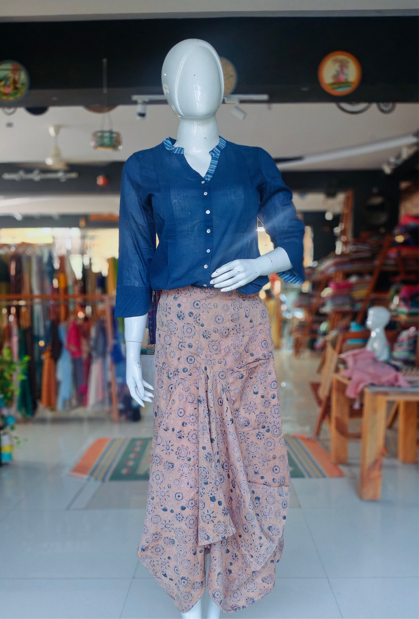 Beige with blue floral Kalamkari hand block printed cotton satin designer cowl skirt - with pockets