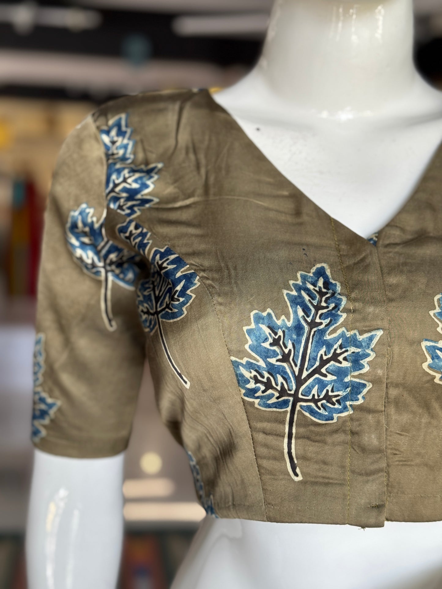Olive green blouse with ajrakh hand block print on soft modal