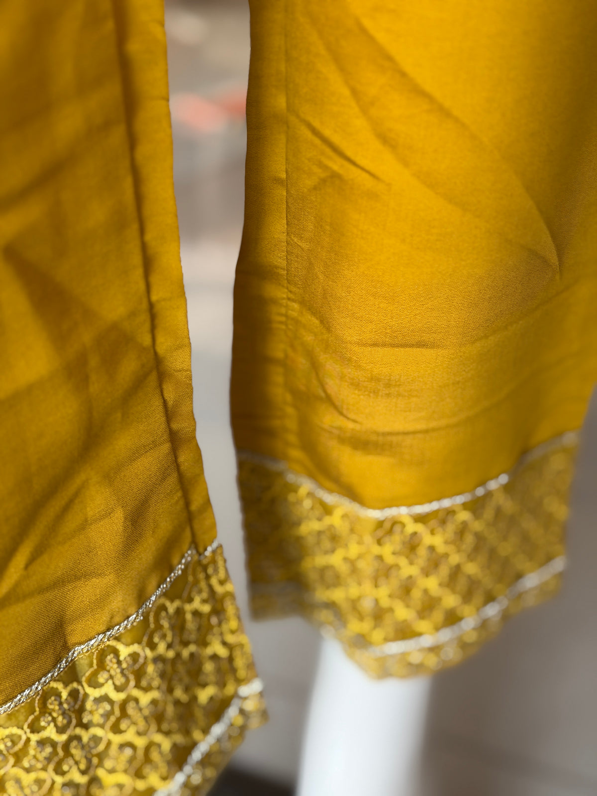 Mustard Yellow organza embroidered short kurti, pants and dupatta - 3 piece set