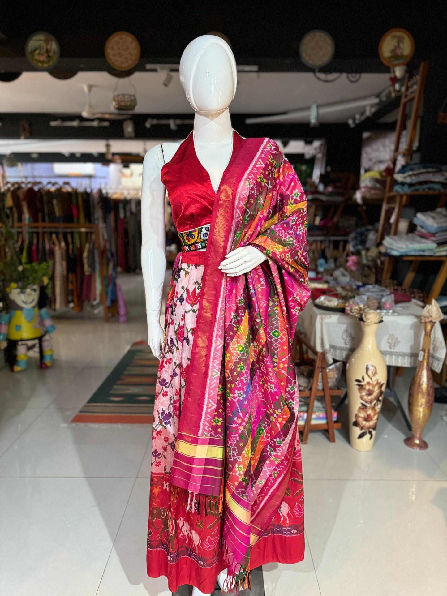Handwoven mulberry silk ikat patola dupatta on multiple coloured stripes base