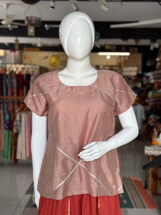 Pinkish brown art silk short top with silver gota