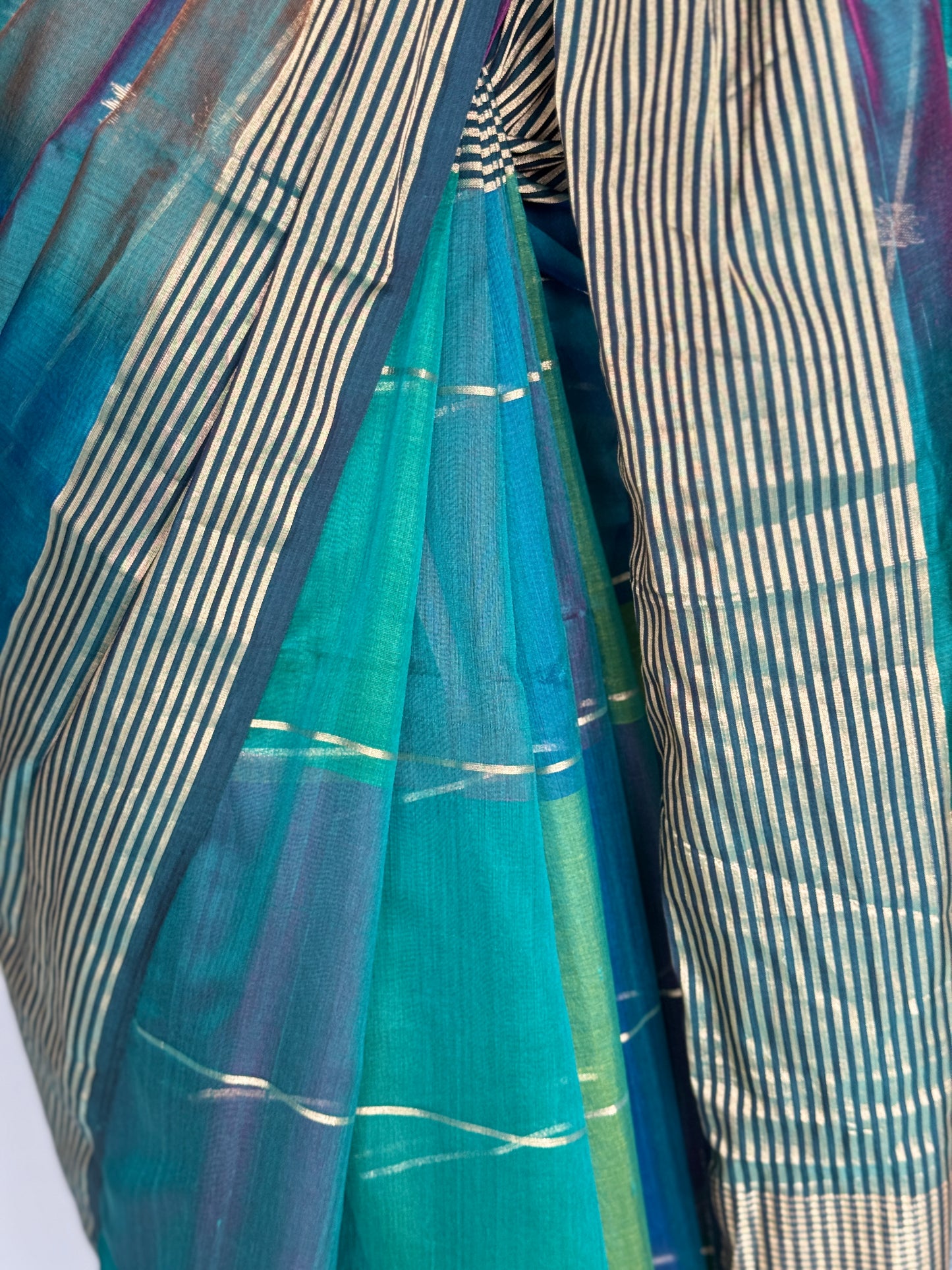 Turquoise, teal, green - multi color star buti stripes silk cotton Maheshwari handloom saree