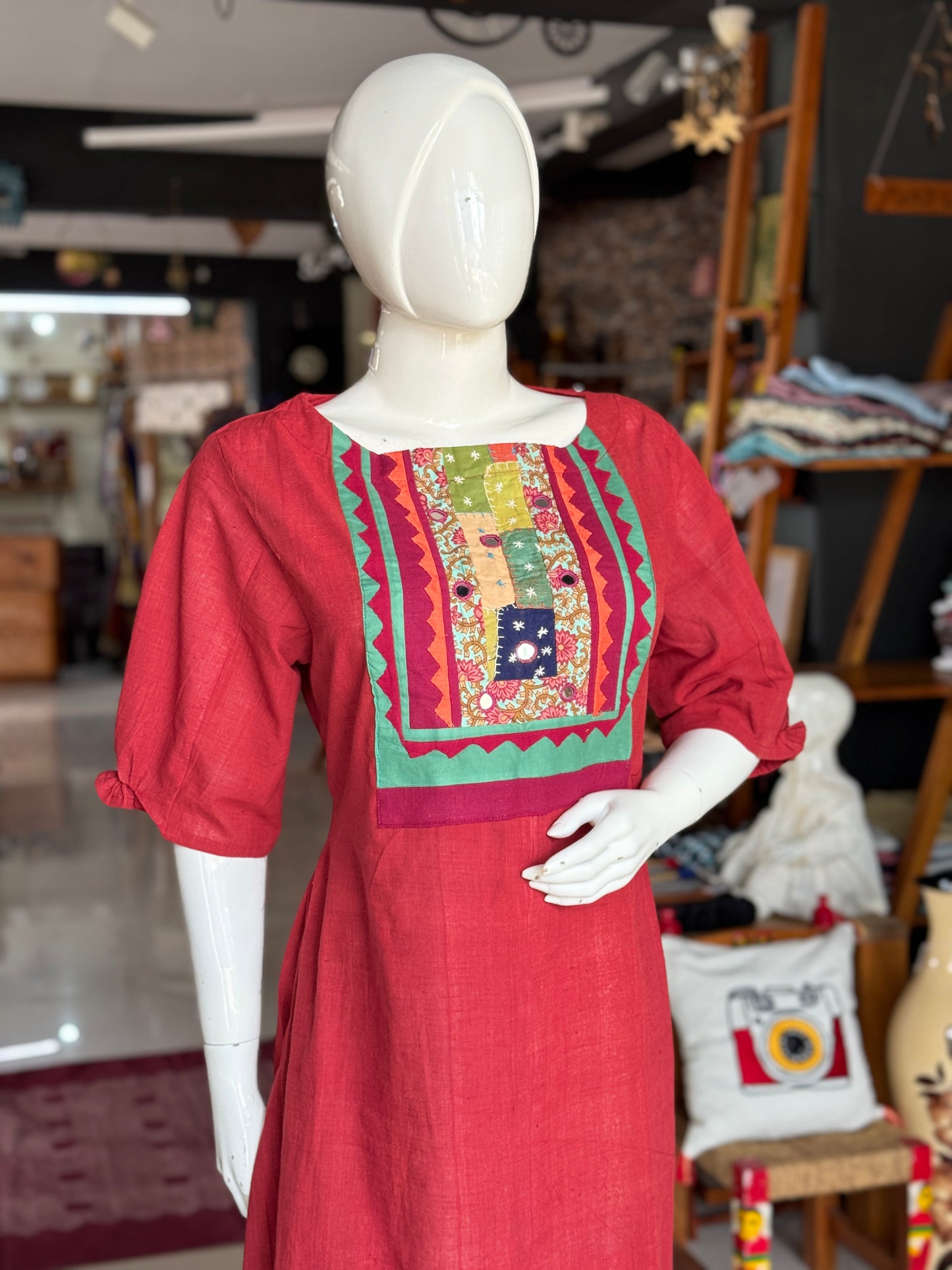 Maroon handwoven cotton A-line dress / kurti with hand embroidered appliq neck patch