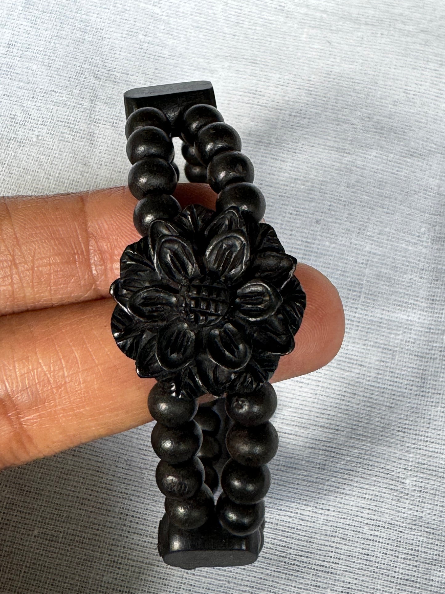 Black ebony wood 2 layers beads bracelet with carved flower center - free size, with elastic