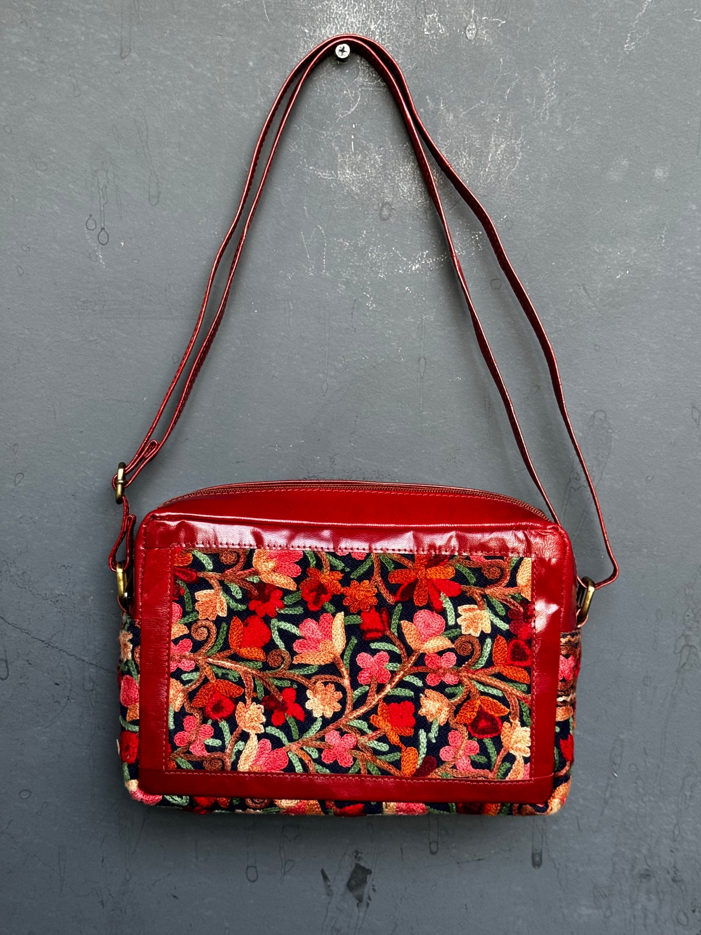 Black Kashmiri floral Aari embroidered rectangular leather box sling bag with adjustable length leather strap
