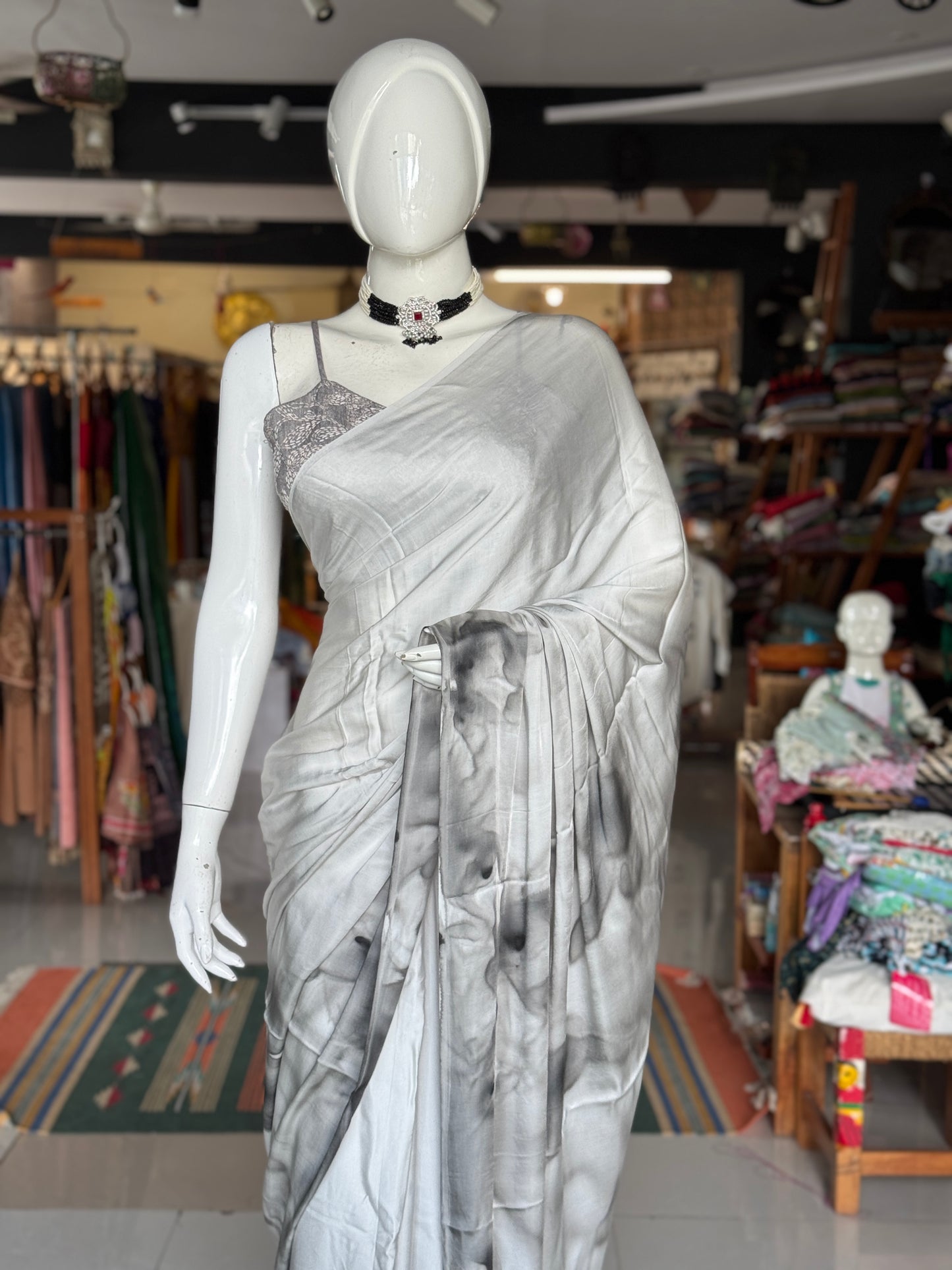 Shades of grey - floral design water colors hand painted soft n flowy modal saree