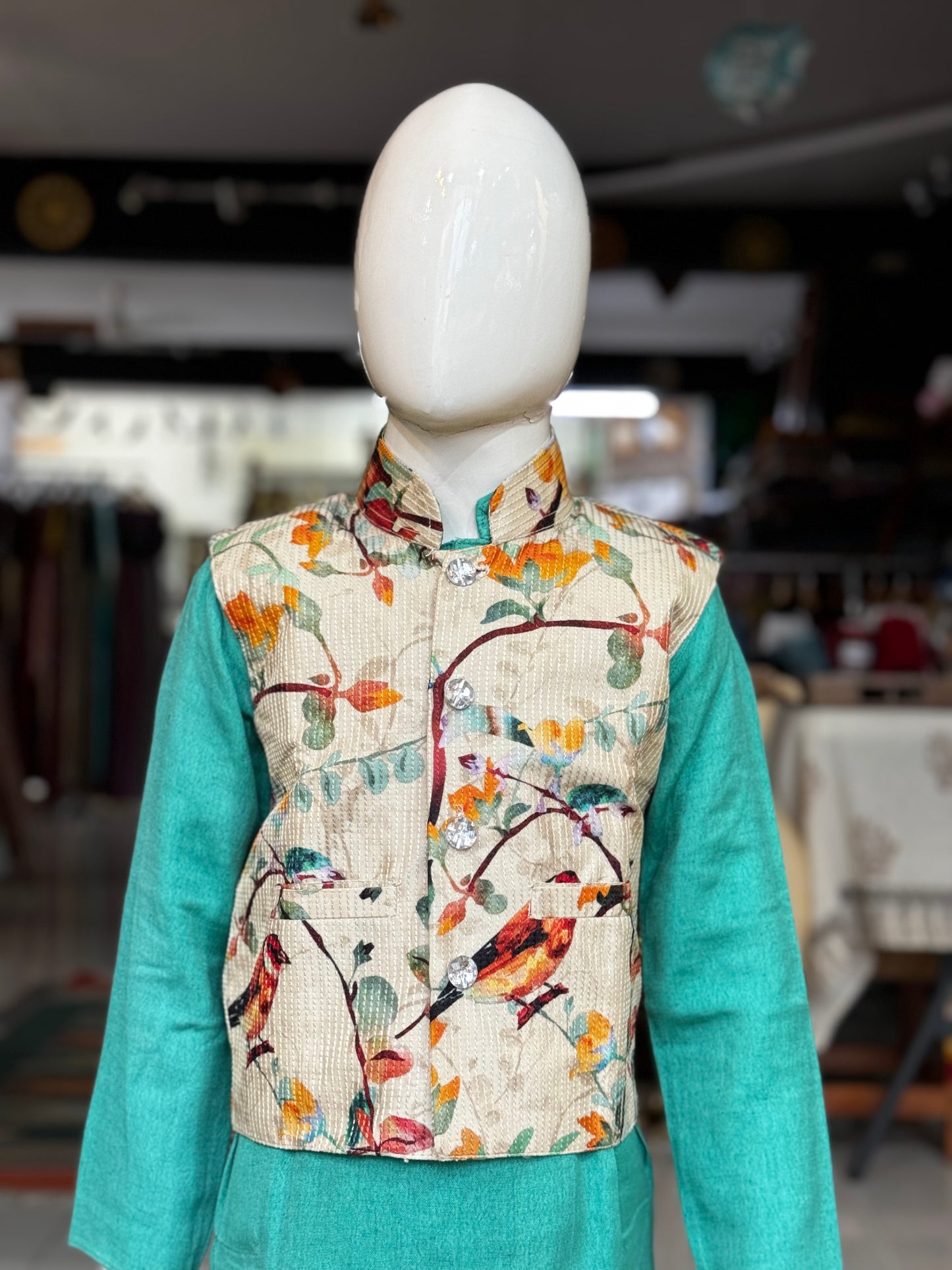 Green long kurta, chudidhar pants and nature print Nehru jacket - 3 piece set for boys