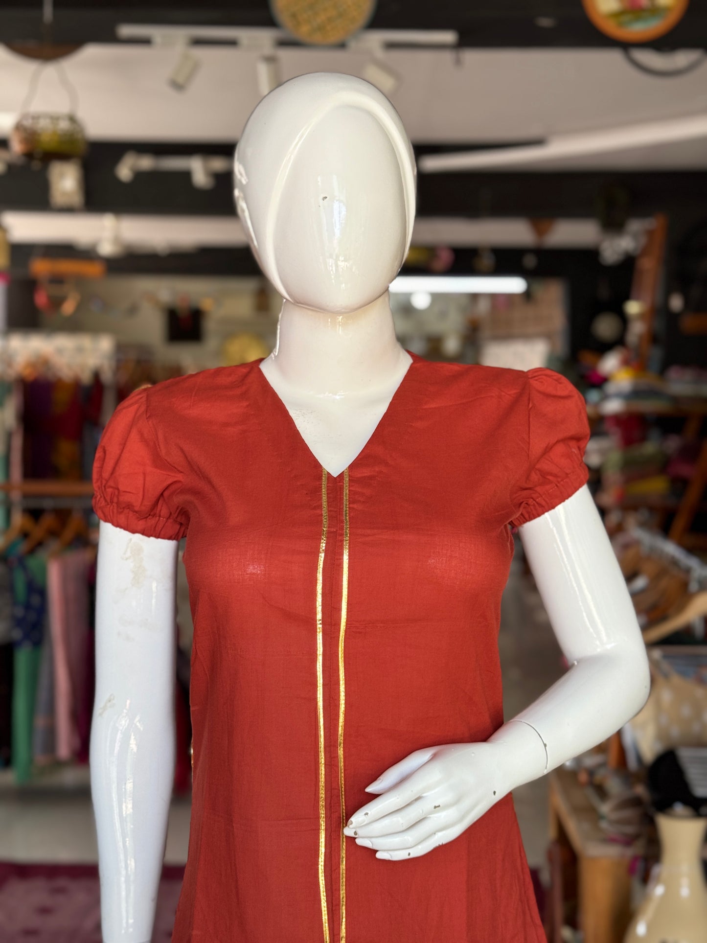 Maroon cotton kurta with gota lace detailing and puff sleeves