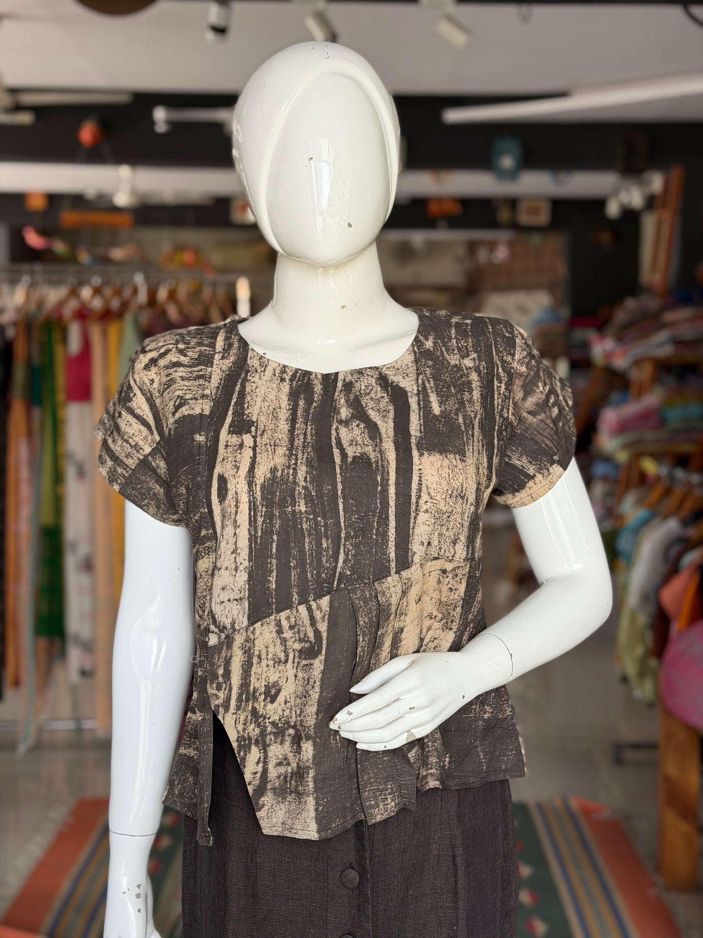 Black and beige hand block printed cotton top with short sleeves