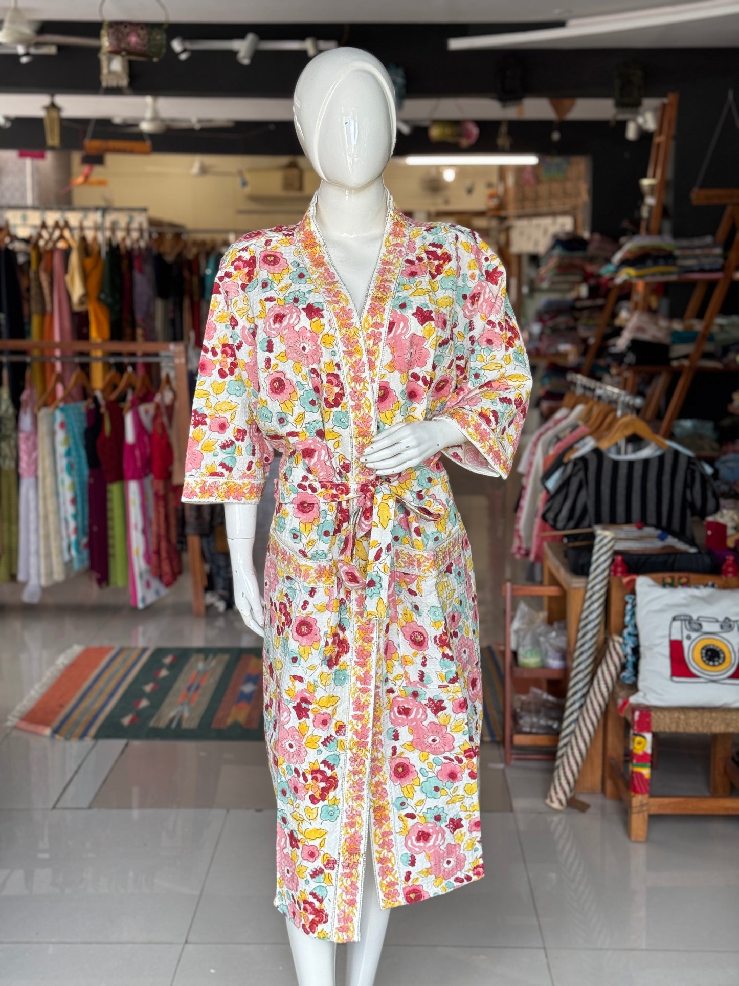 Hand block printed waffle cotton bath robe / swim suit cover up for adults - multiple designs