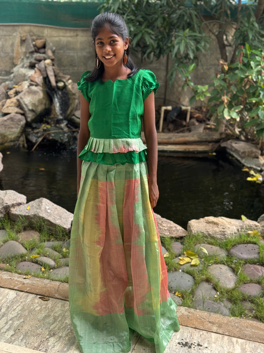 Multi color ikat handwoven silk lehenga (pattu langa) with green puff sleeves top / blouse set