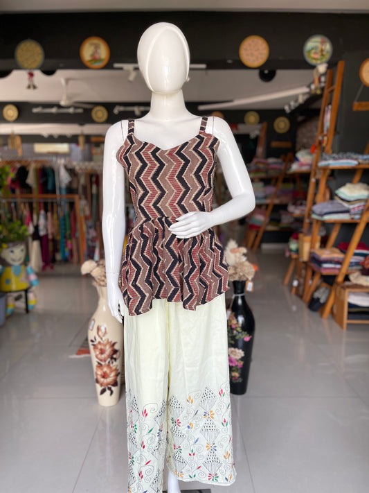 Cream cotton free size plazo with kites design Kantha hand embroidery