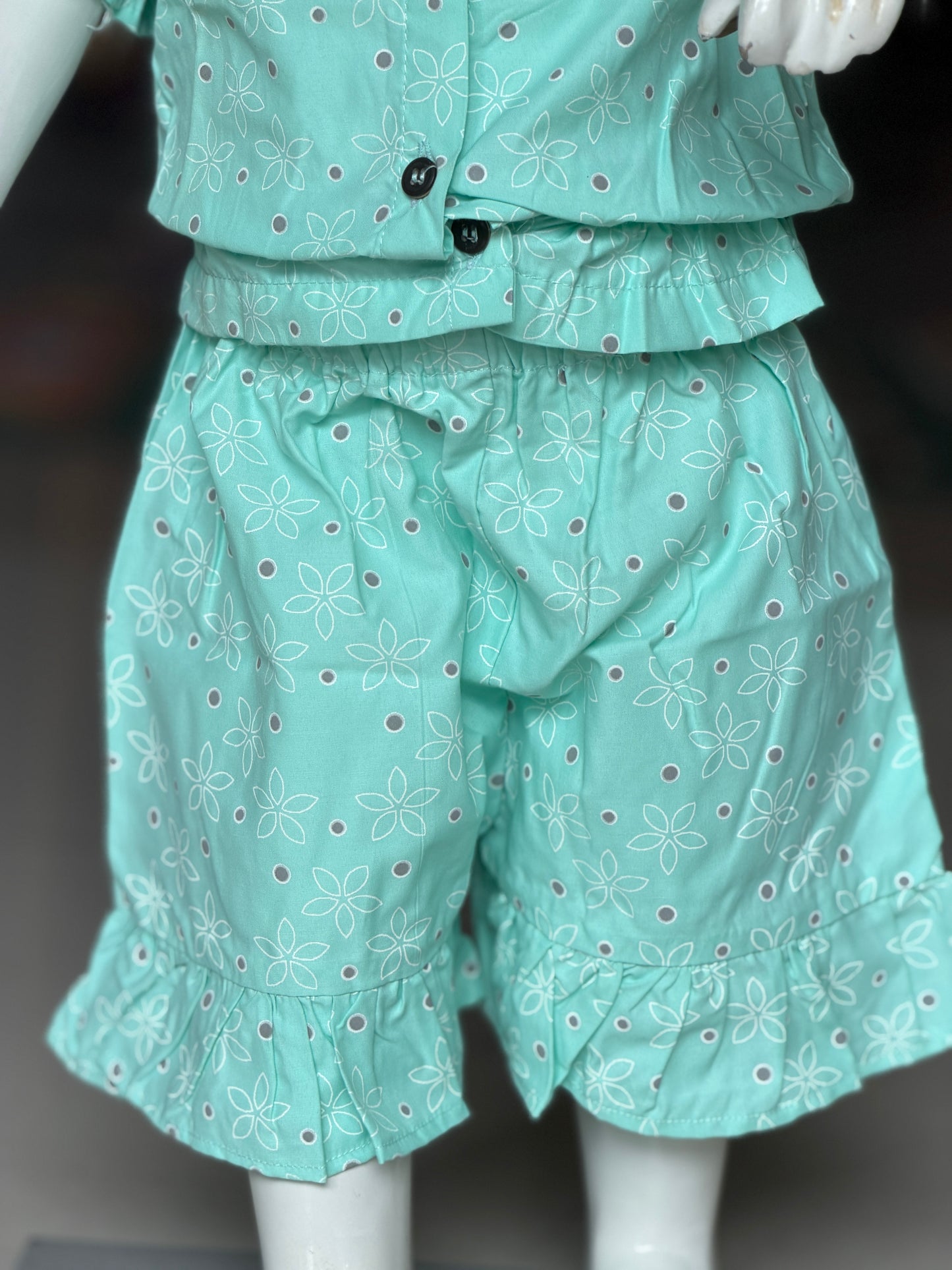 Pastel bluish green elasticated top and shorts coord set for little girls
