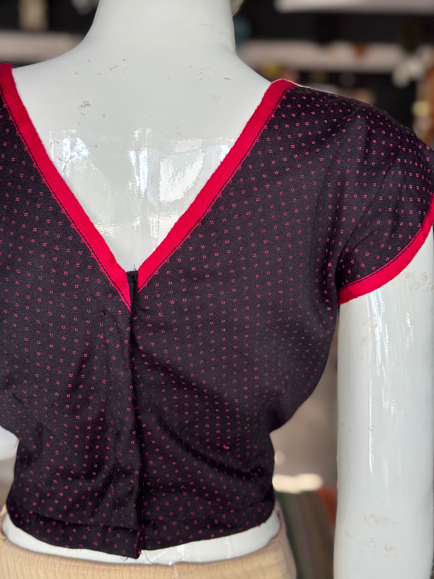 Black with pink dots handwoven Mashru blouse with short sleeves