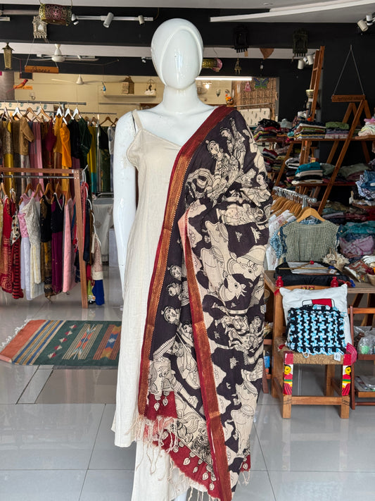Pen Kalamkari hand painted cotton dupatta