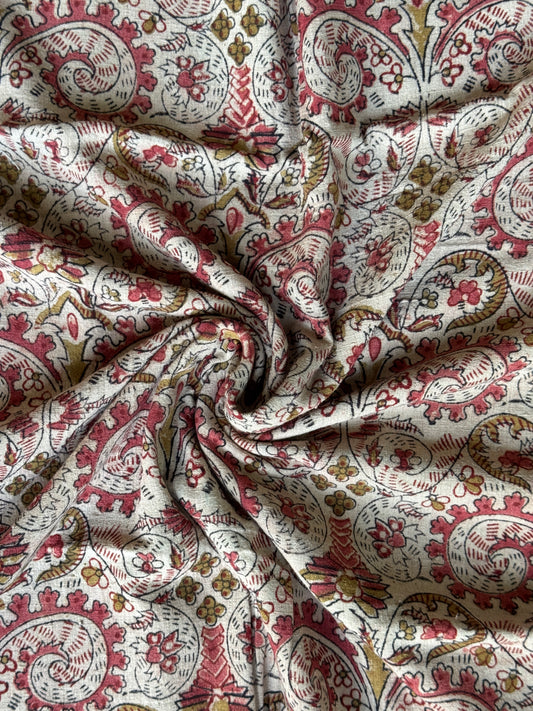 Pink, green, beige flowers pattern hand block printed natural dyed Kalamkari cotton fabric