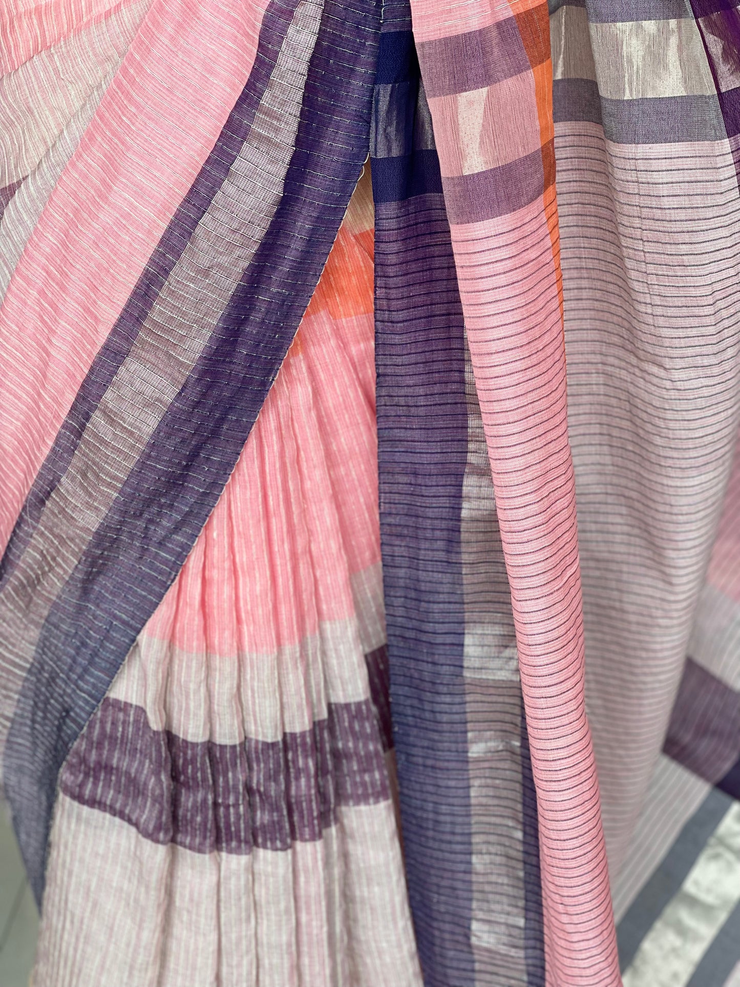 Multi color stripes color block handwoven linen cotton textured saree