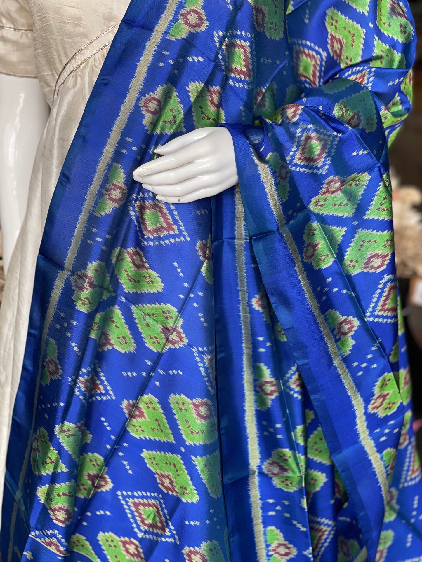 Bright blue and green handwoven mulberry silk ikat patola dupatta