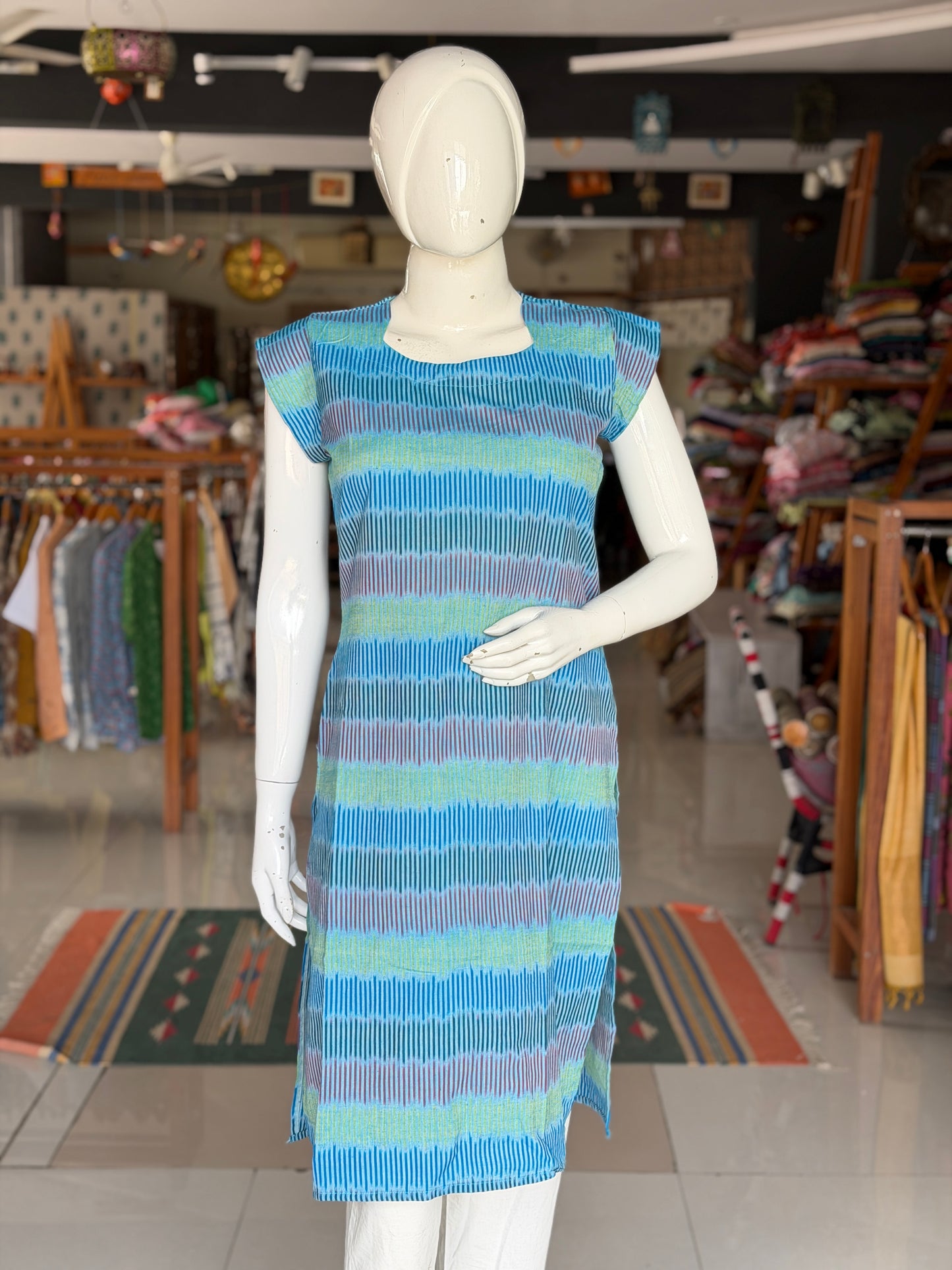 Blue ikat hand woven cotton straight kurti - multi colored ikat stripes