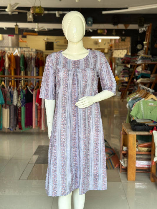 Lavender flowers stripes hand block printed cotton pleated yoke dress/ Kurti