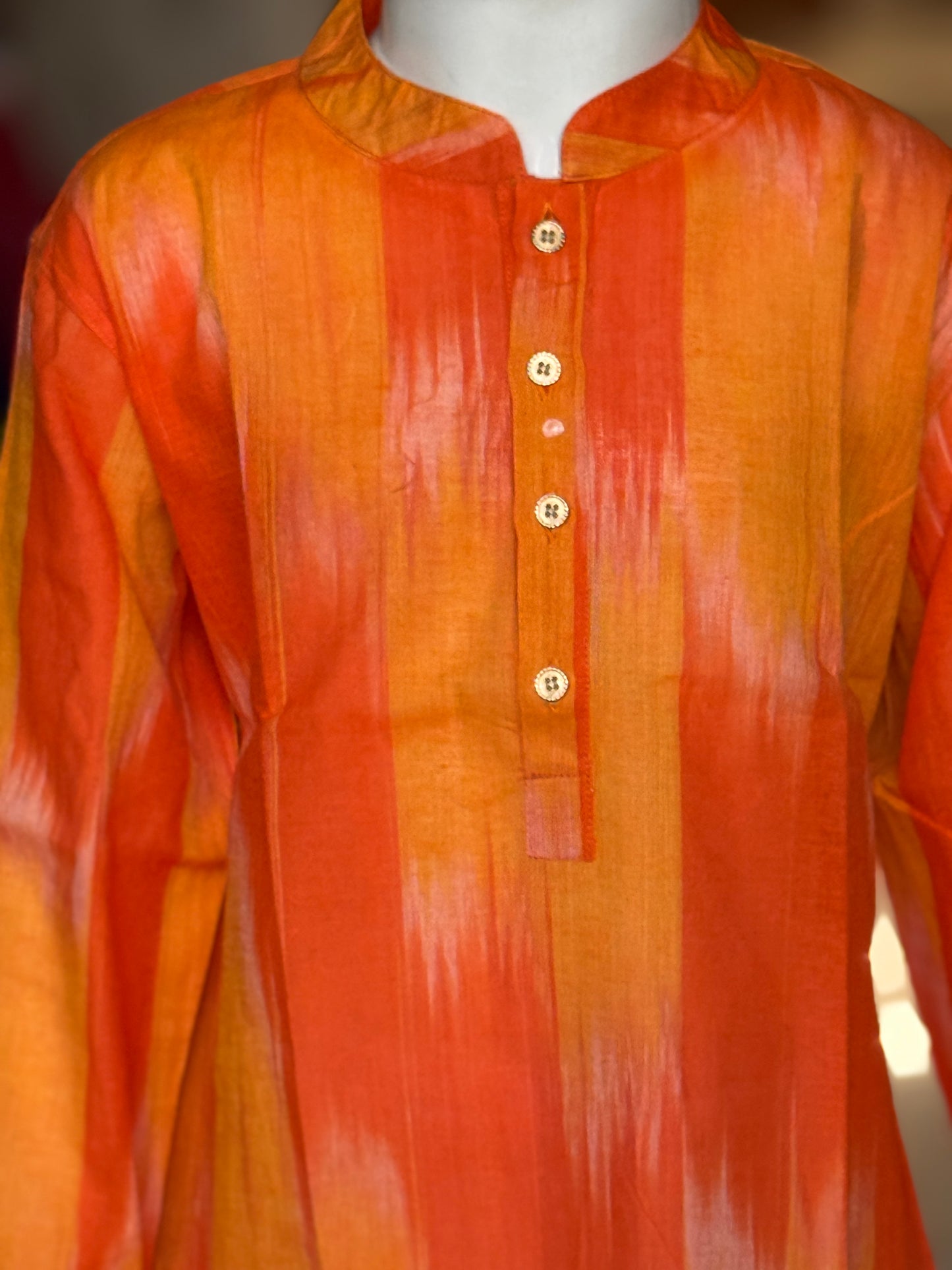 Orange handloom cotton ikat full sleeves long kurta for boys