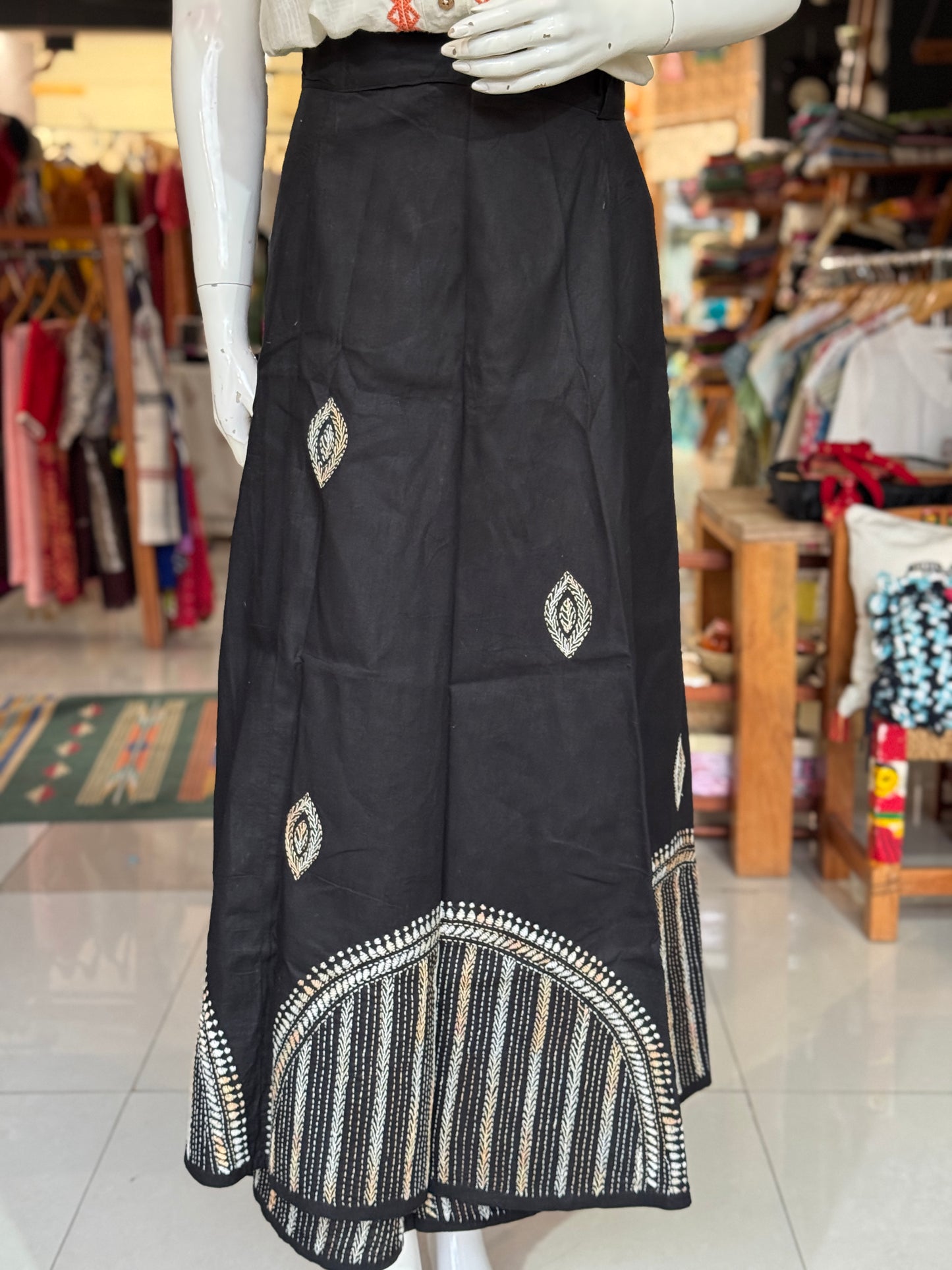 Kantha hand embroidered cotton wrap around skirt - free size - multiple colors