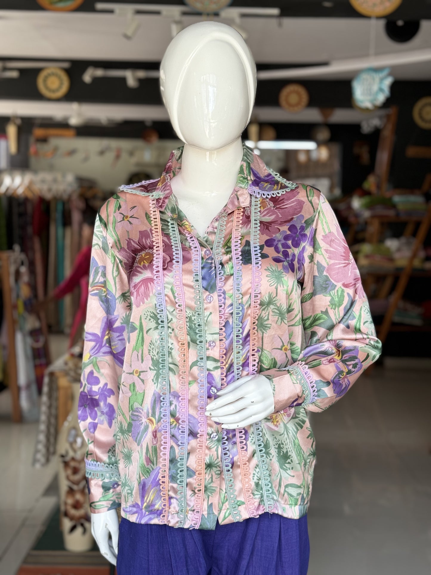 Satin floral full sleeves Women’s shirt with pastel ombré lace