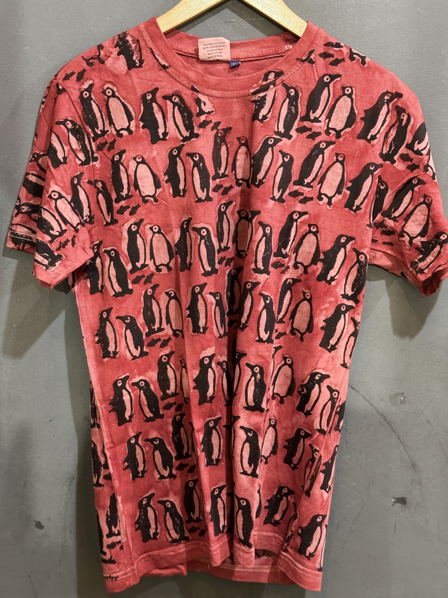 Maroon penguins - hand block printed natural dyed cotton t-shirt