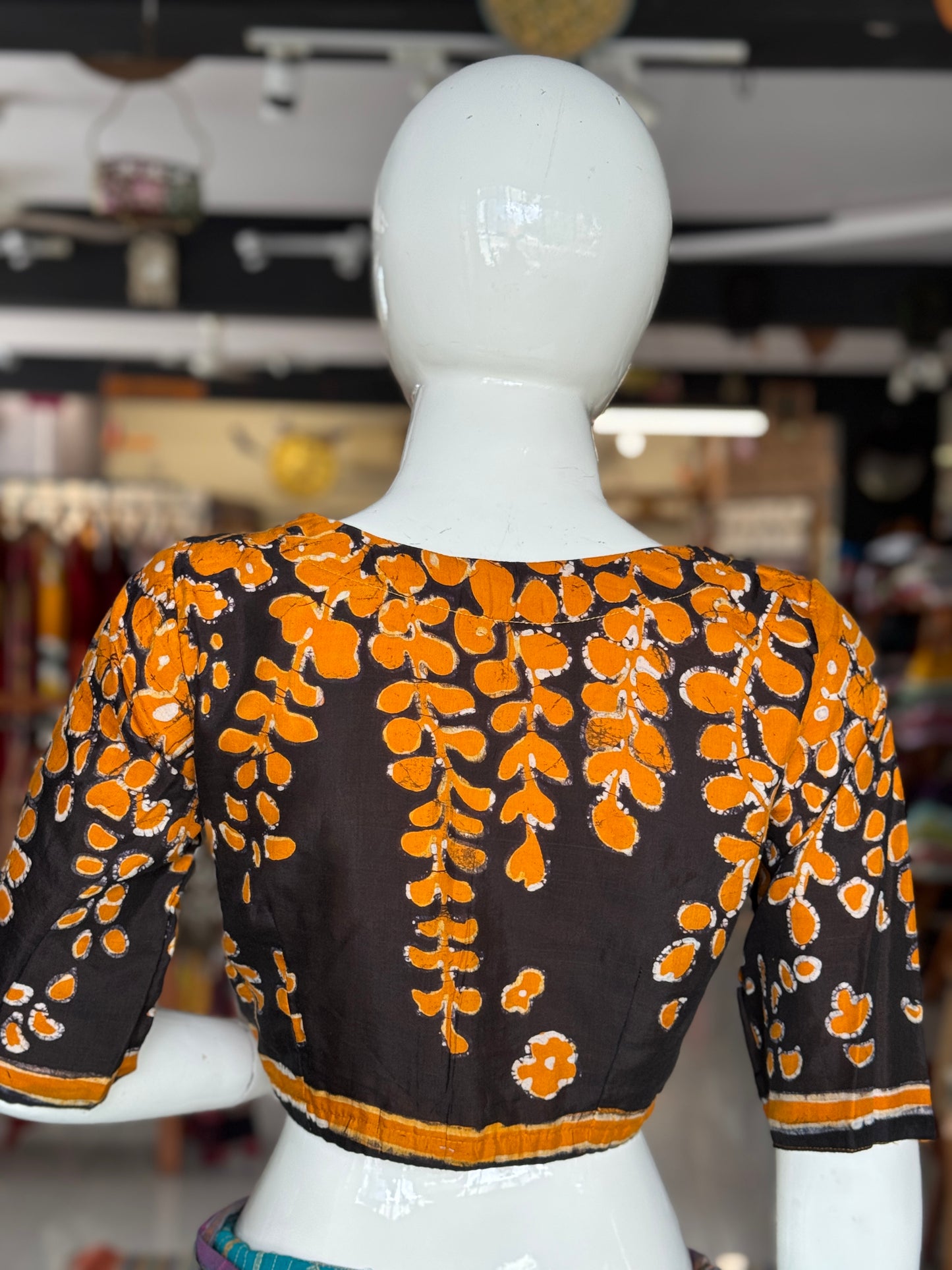 Mustard yellow and black silk batik front open blouse with lining