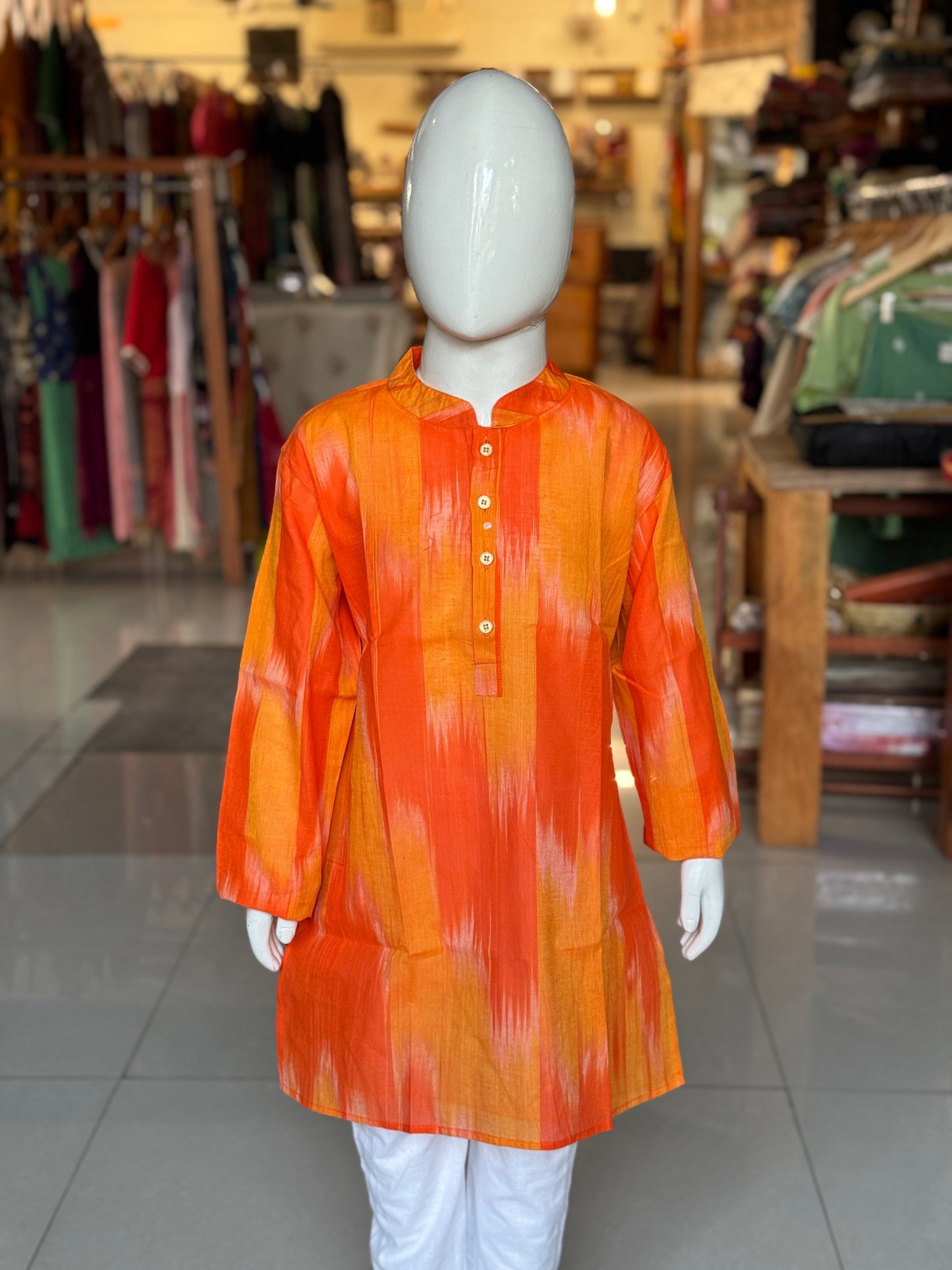 Orange handloom cotton ikat full sleeves long kurta for boys