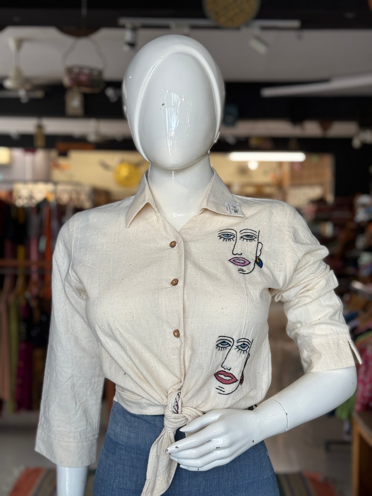 Hand embroidered Off white organic kala cotton shirt for women