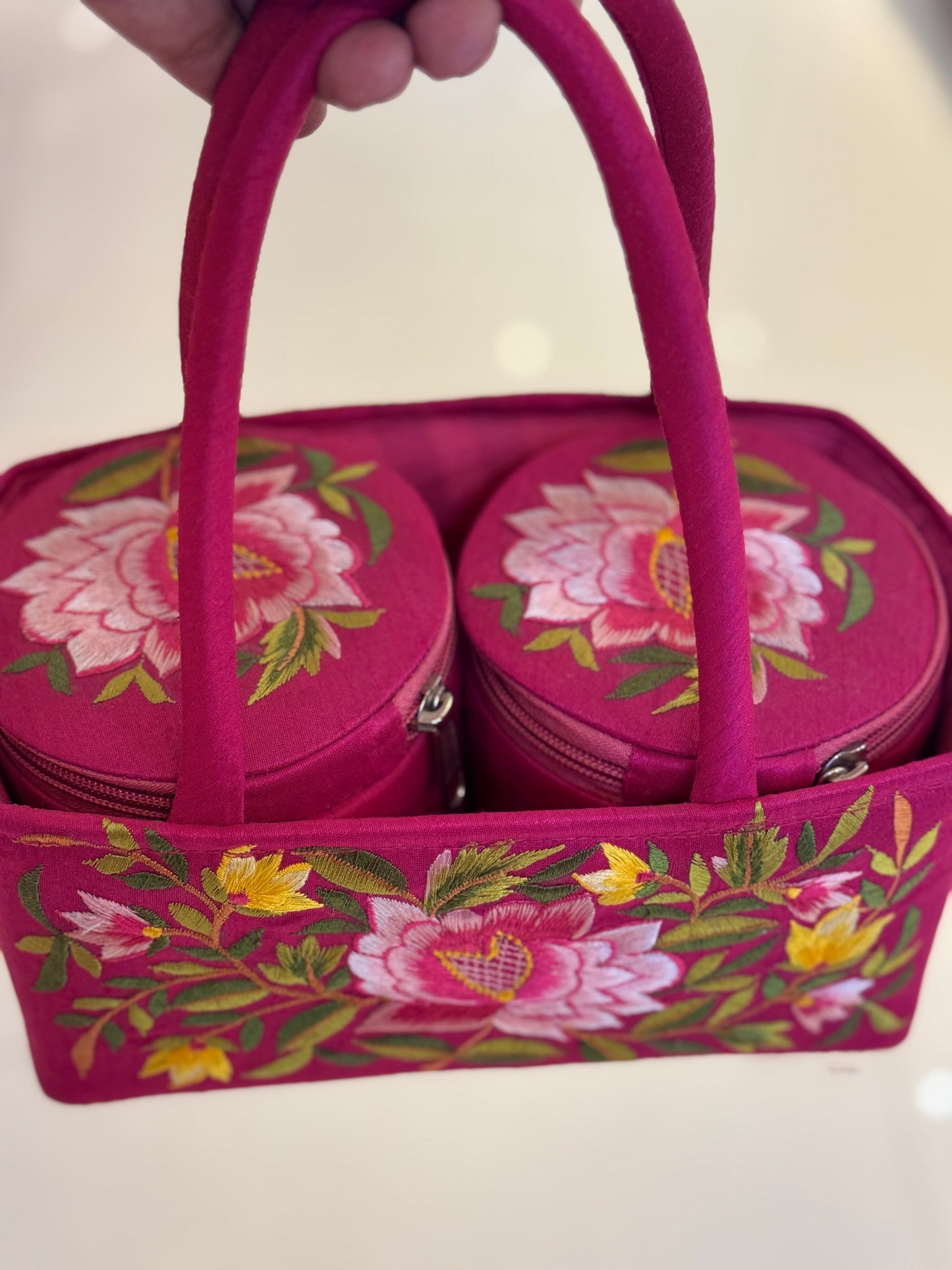 Two fabric jars gift hamper with flowers embroidery