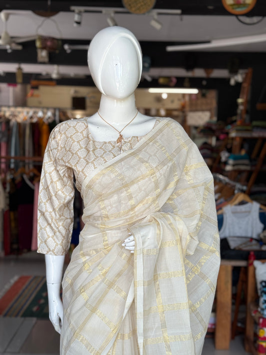 Cream with multiple lines big checks cotton Venkatagiri handloom saree