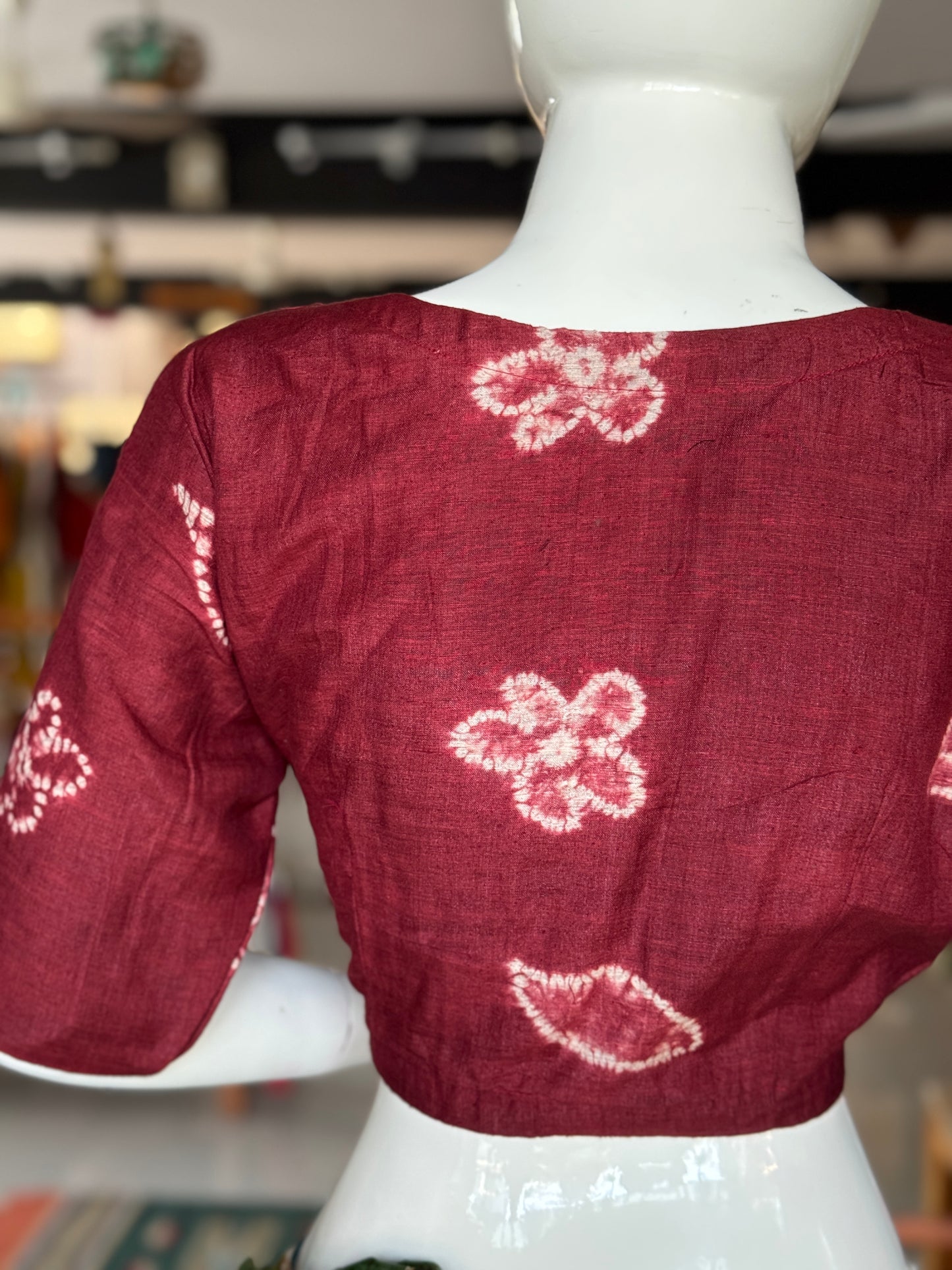 Maroon needle tie n dye shibori silk blouse with sleeves