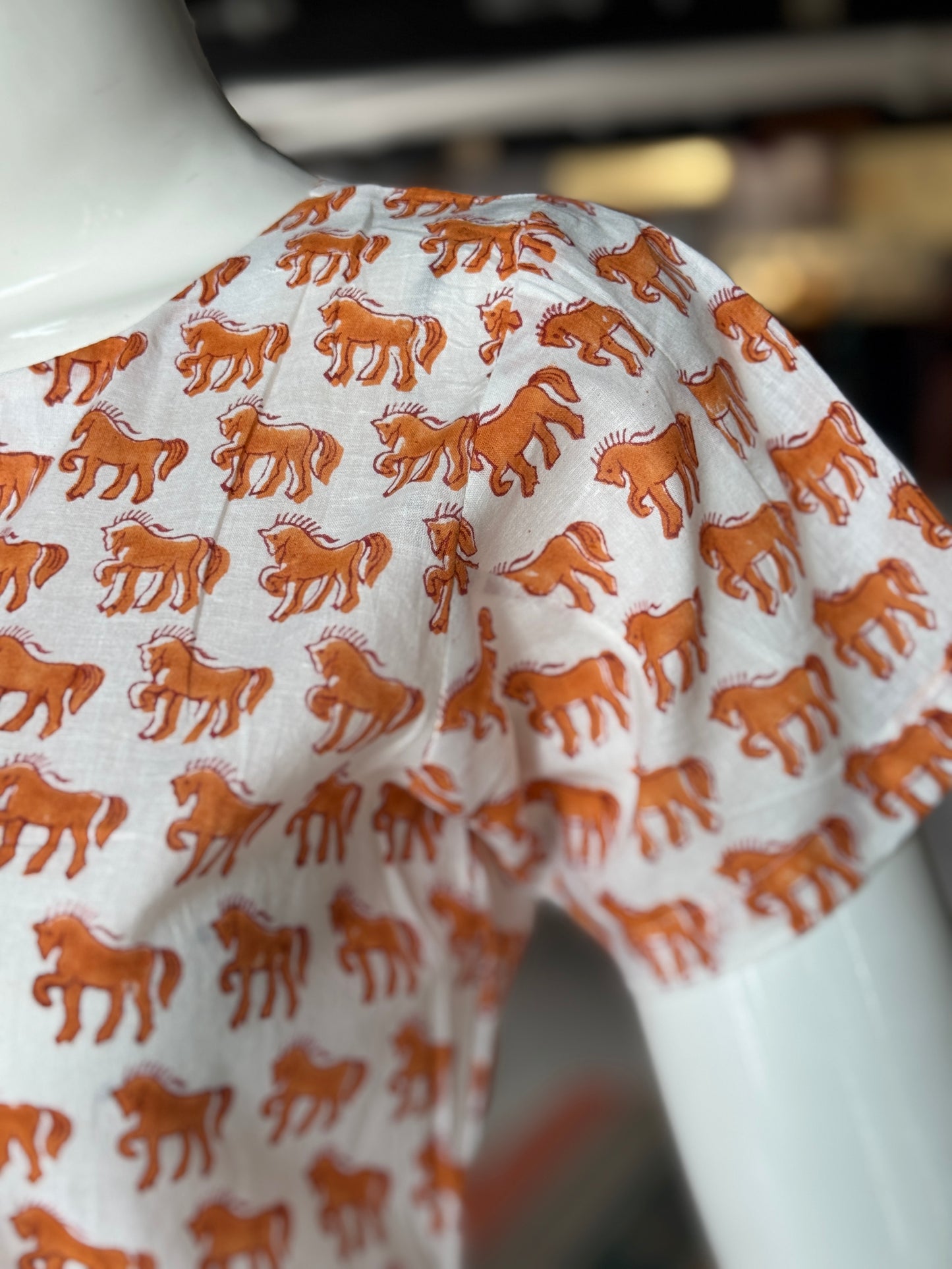 Horses print hand block printed white cotton short kurti