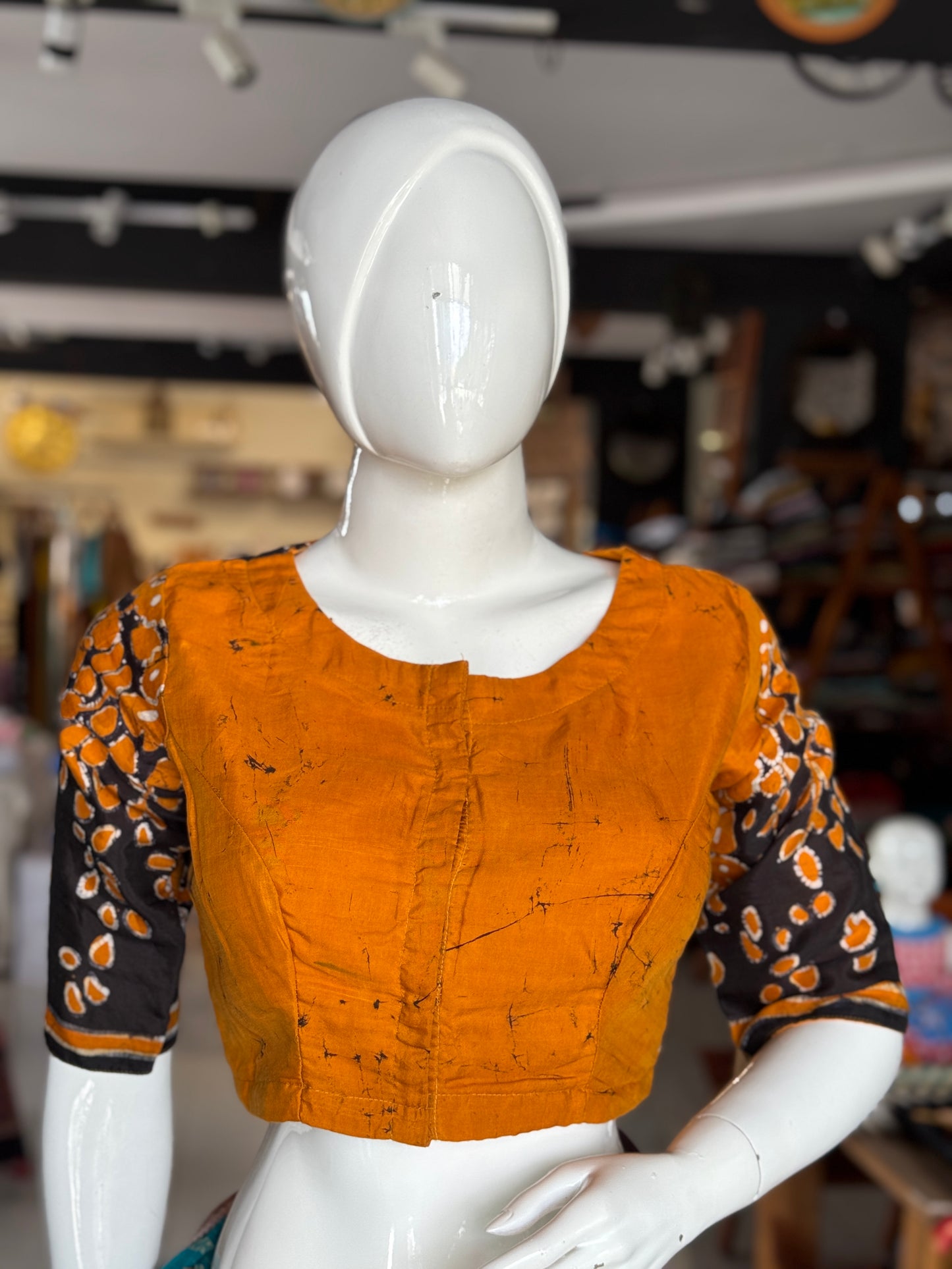 Mustard yellow and black silk batik front open blouse with lining