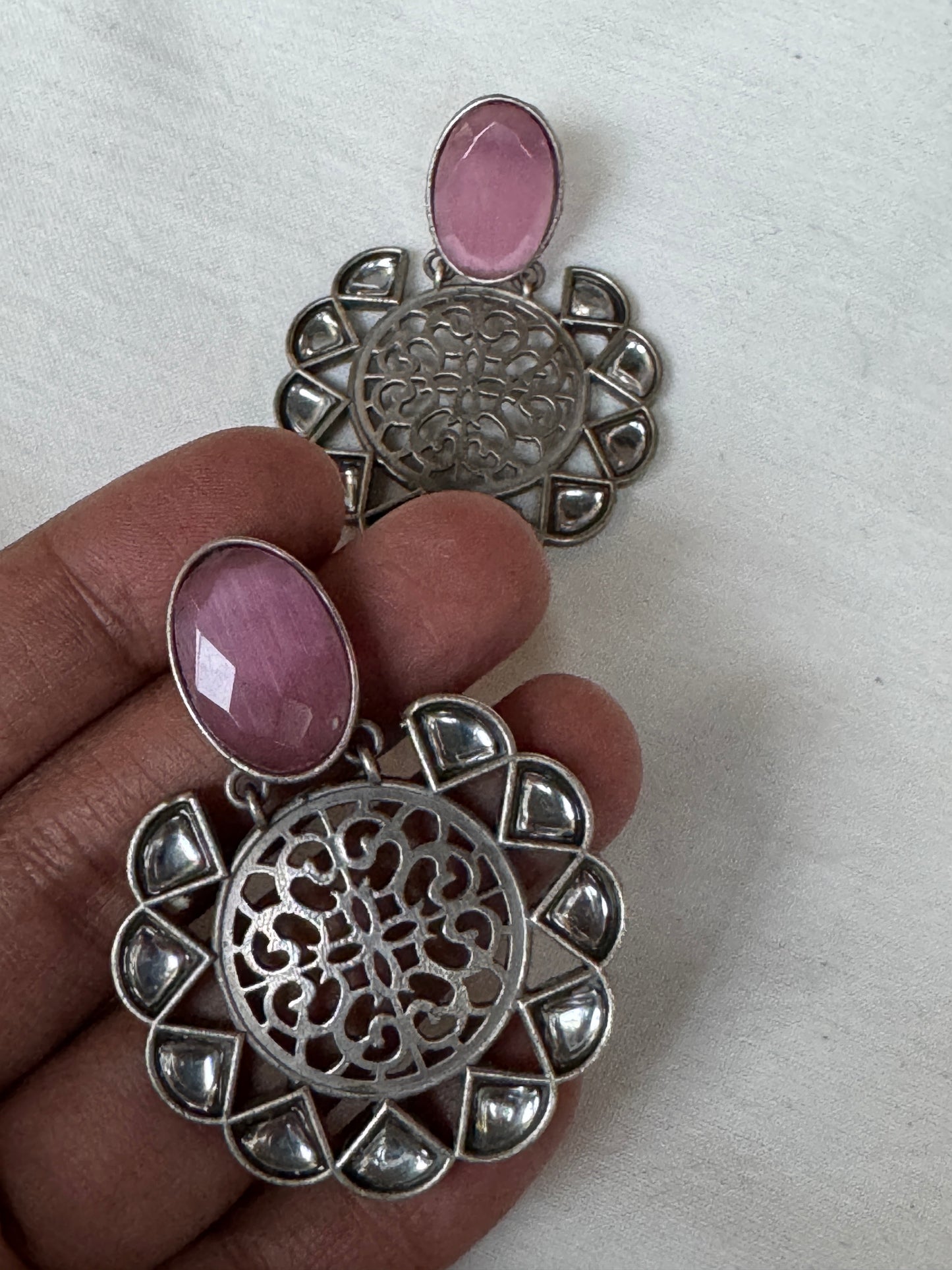 Pink stone studs with big circle drop earrings with white stones