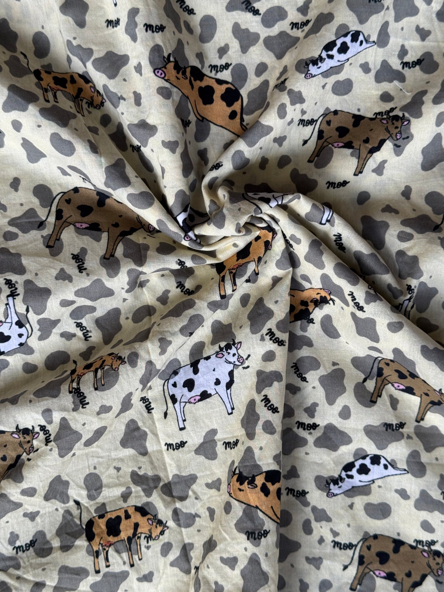 Moo cow print cotton fabric - fun fabrics