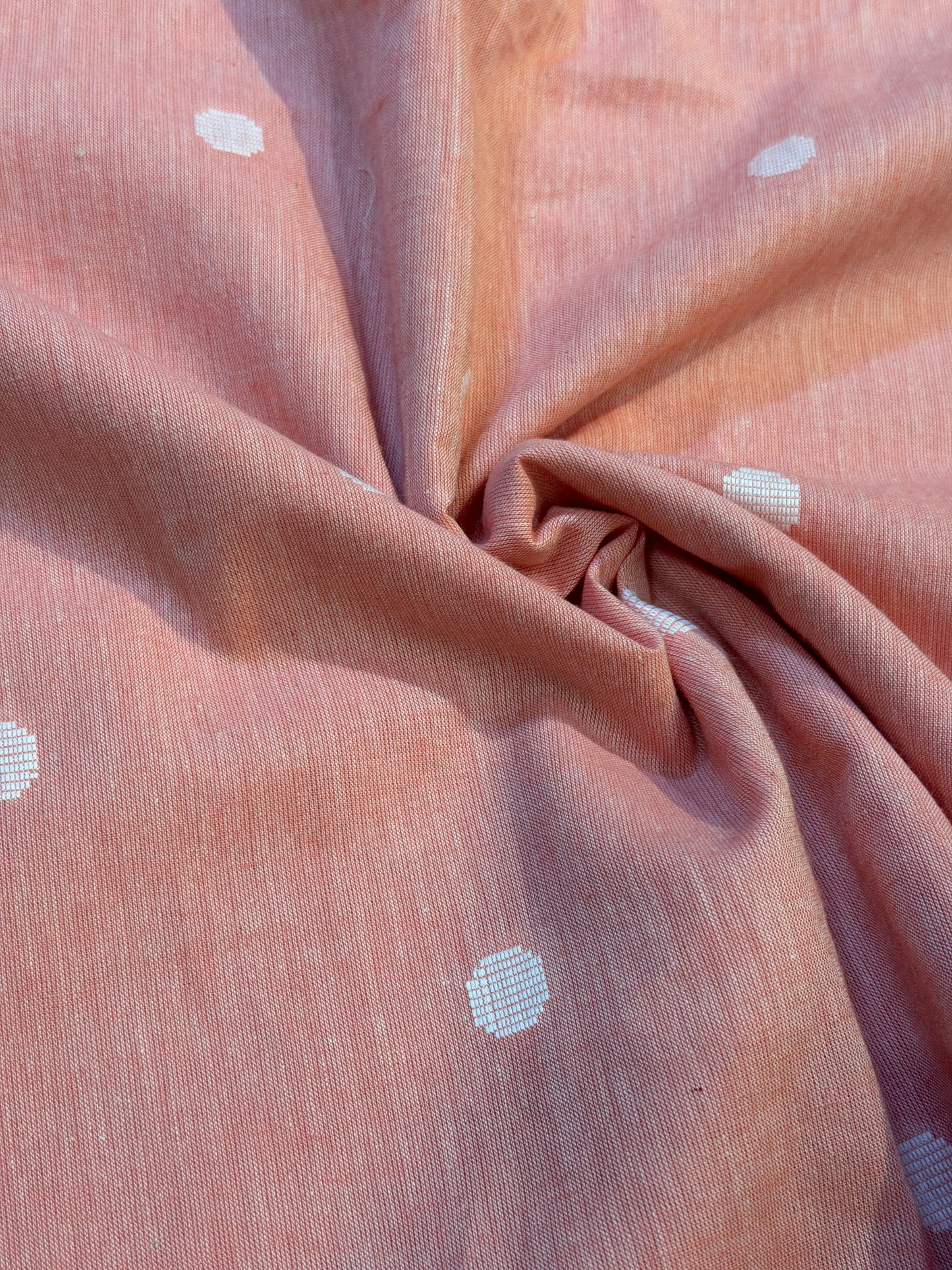 Peach cotton handwoven fabric - with white Jamdani butis