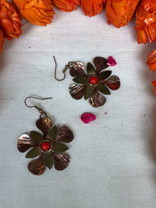 Copper brass flower hooks with coral center -  earrings made of copper and brass