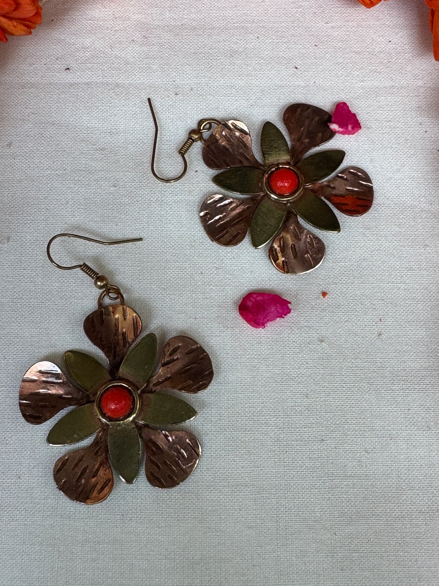 Copper brass flower hooks with coral center - earrings made of copper and brass