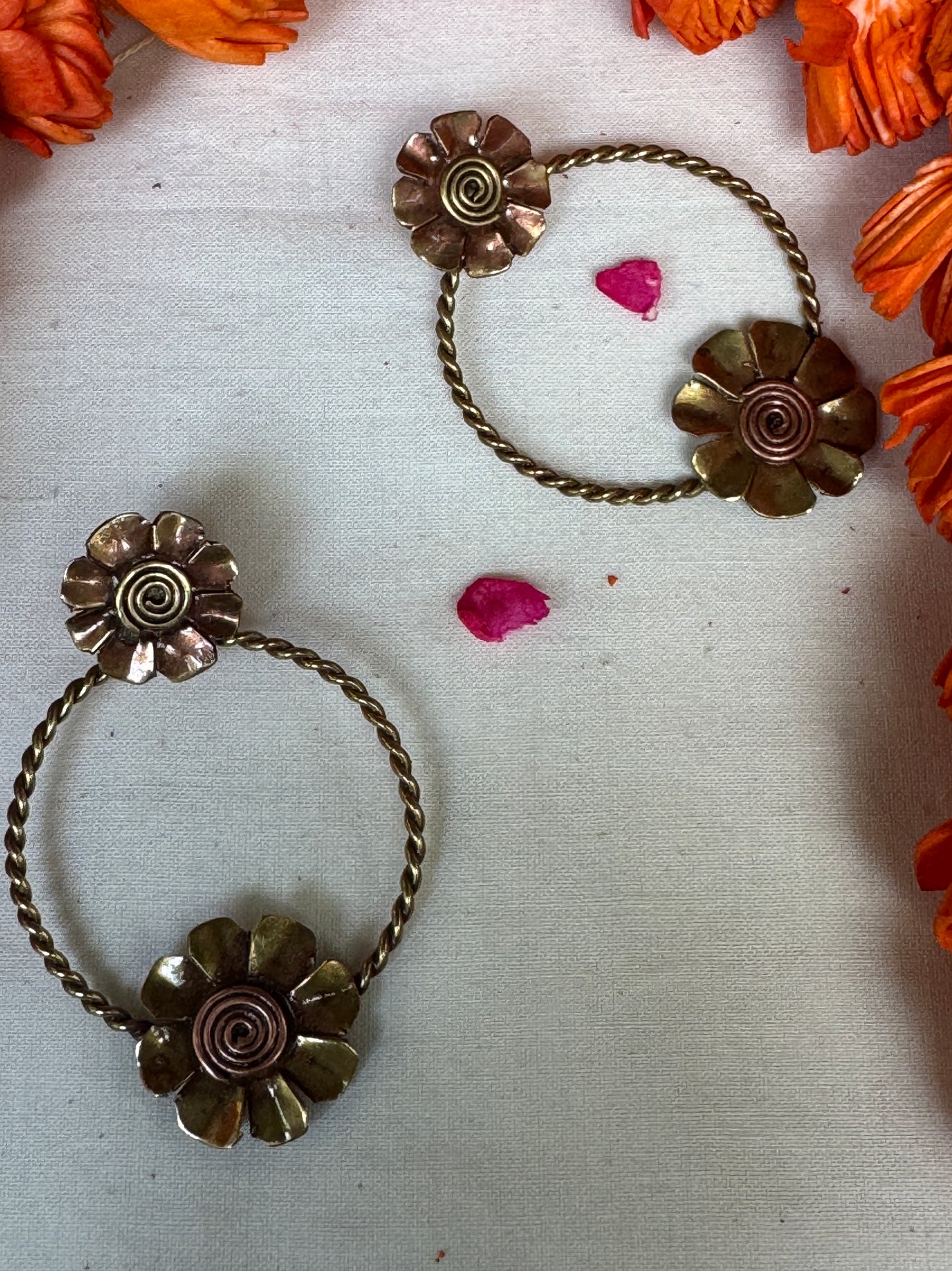 Flower stud with attachable circle flower drop - designer earrings made of copper and brass