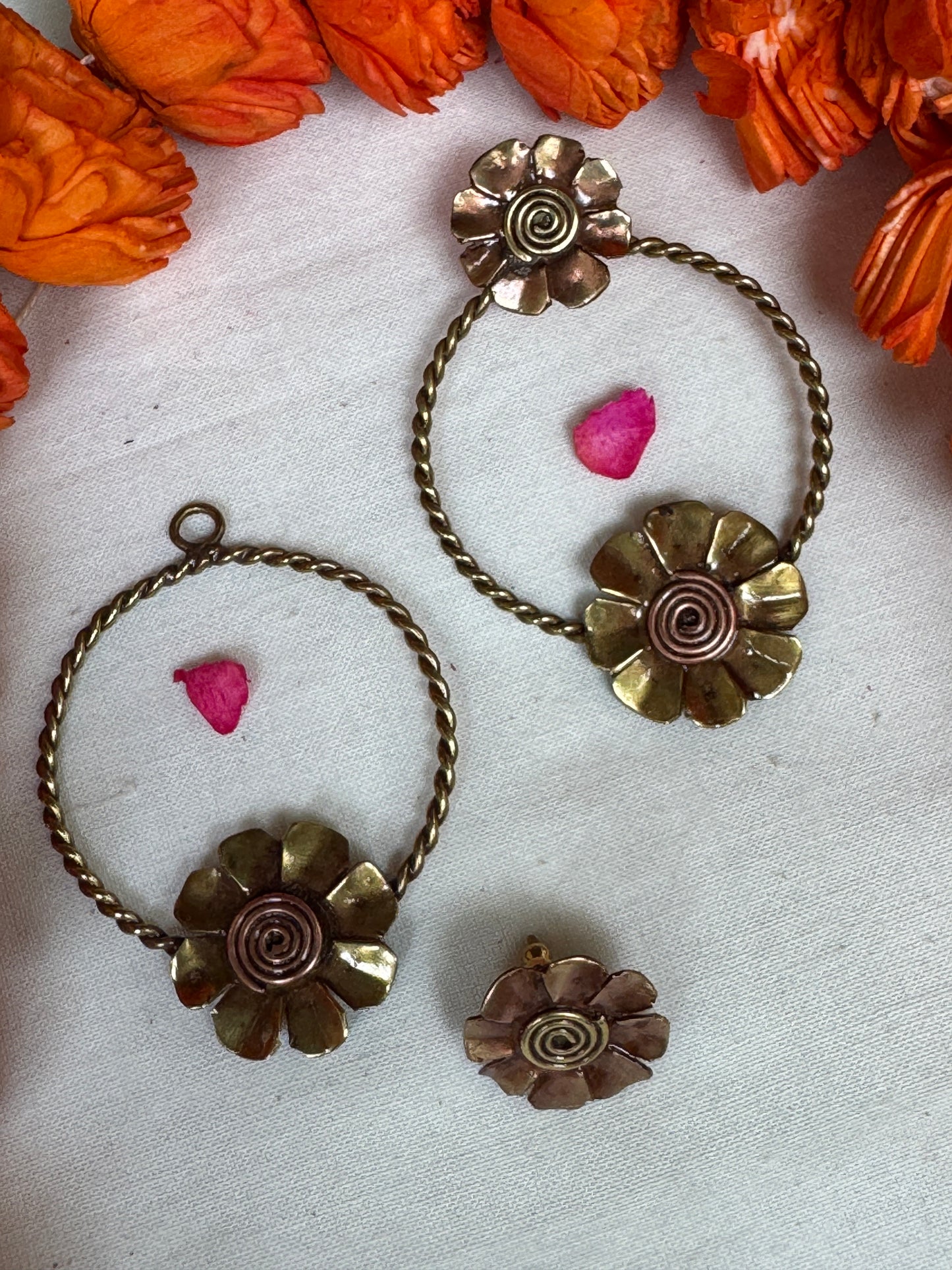 Flower stud with attachable circle flower drop - designer earrings made of copper and brass