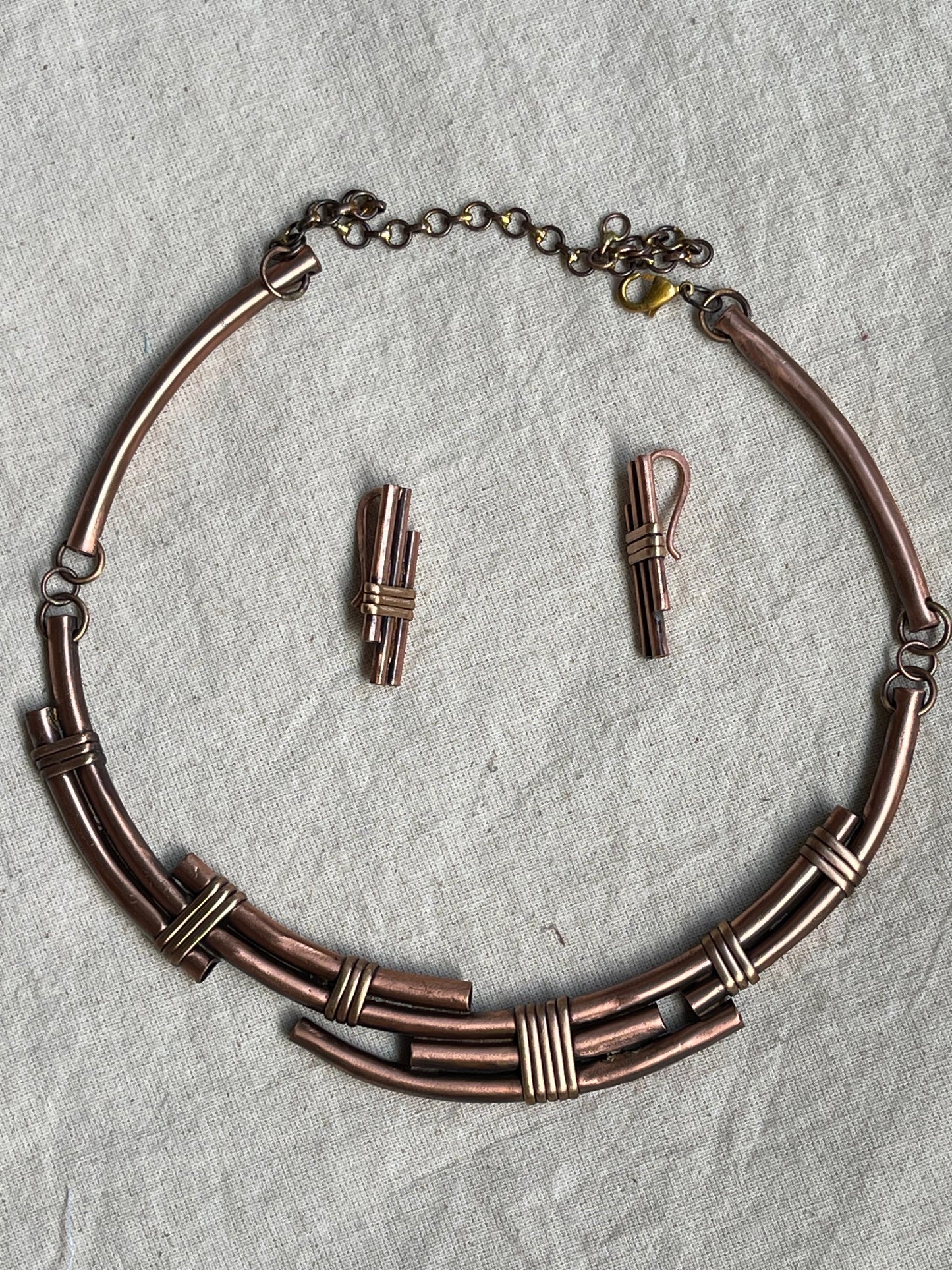 Bamboo inspired copper handcrafted necklace and earrings set