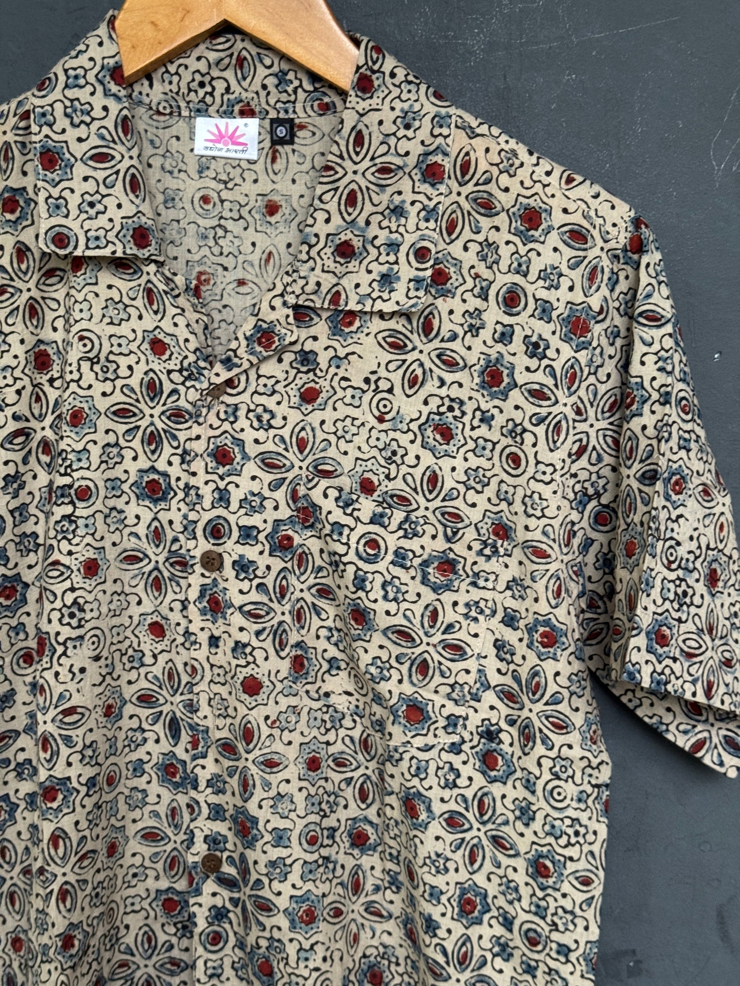 Hand block printed Freedom fabric half sleeve shirts - hand spun, hand woven cotton mens shirt