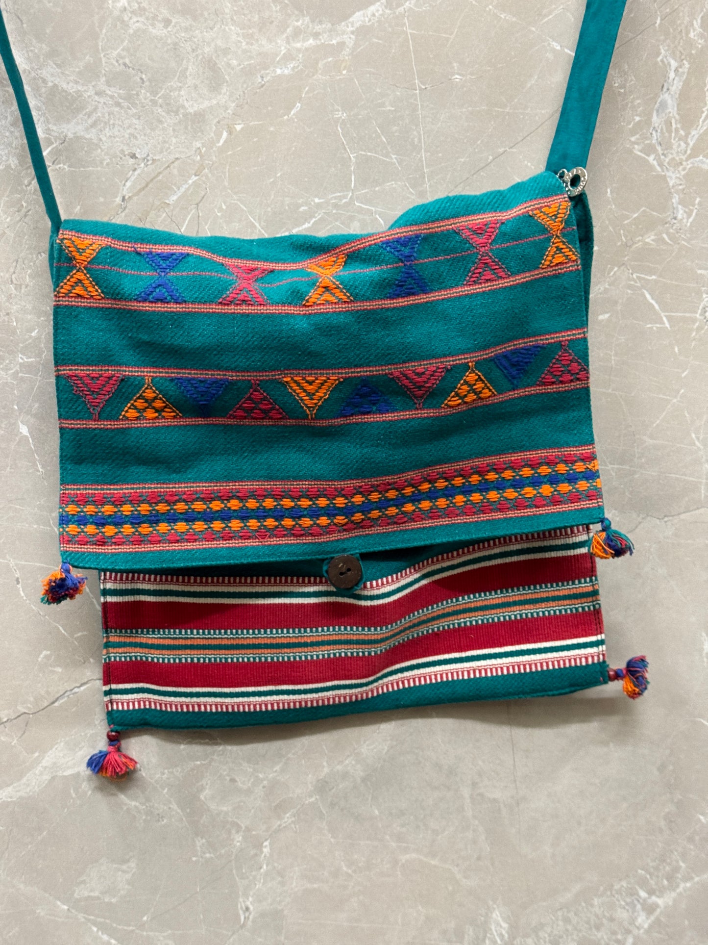 Turquoise cotton handloom bag with flap closure