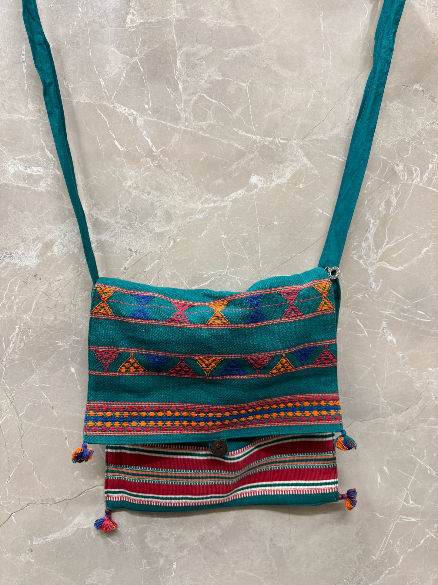 Turquoise cotton handloom bag with flap closure